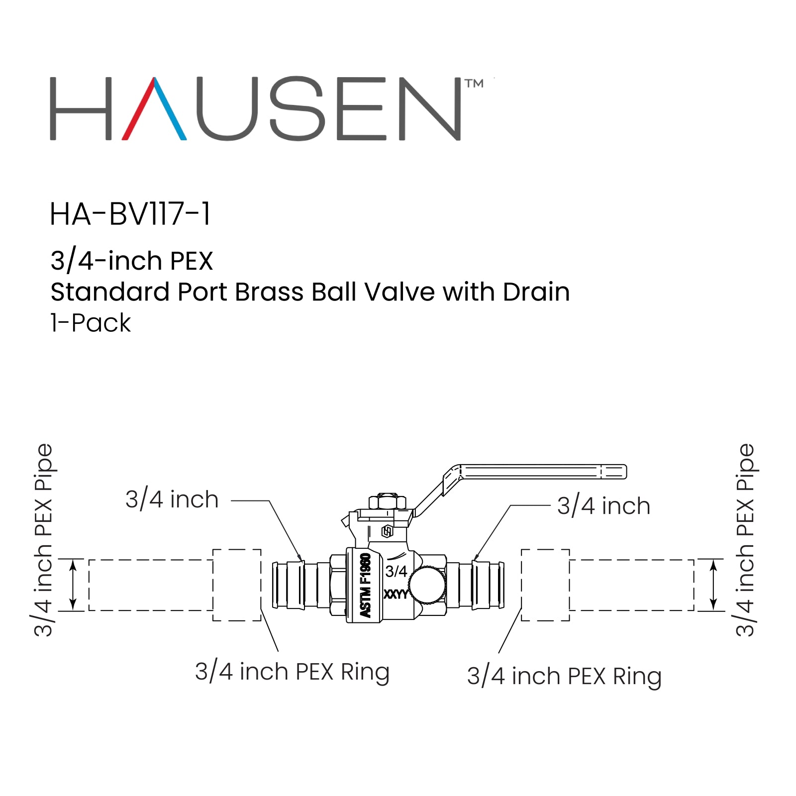 Hausen 3/4-inch PEX Standard Port Brass Ball Valve with Drain; Lead Free Forged Brass; Blowout Resistant Stem; cUPC/ANSI/NSF Certified; For Use in Potable Water, Oil and Gas Distribution Systems, 1-Pack