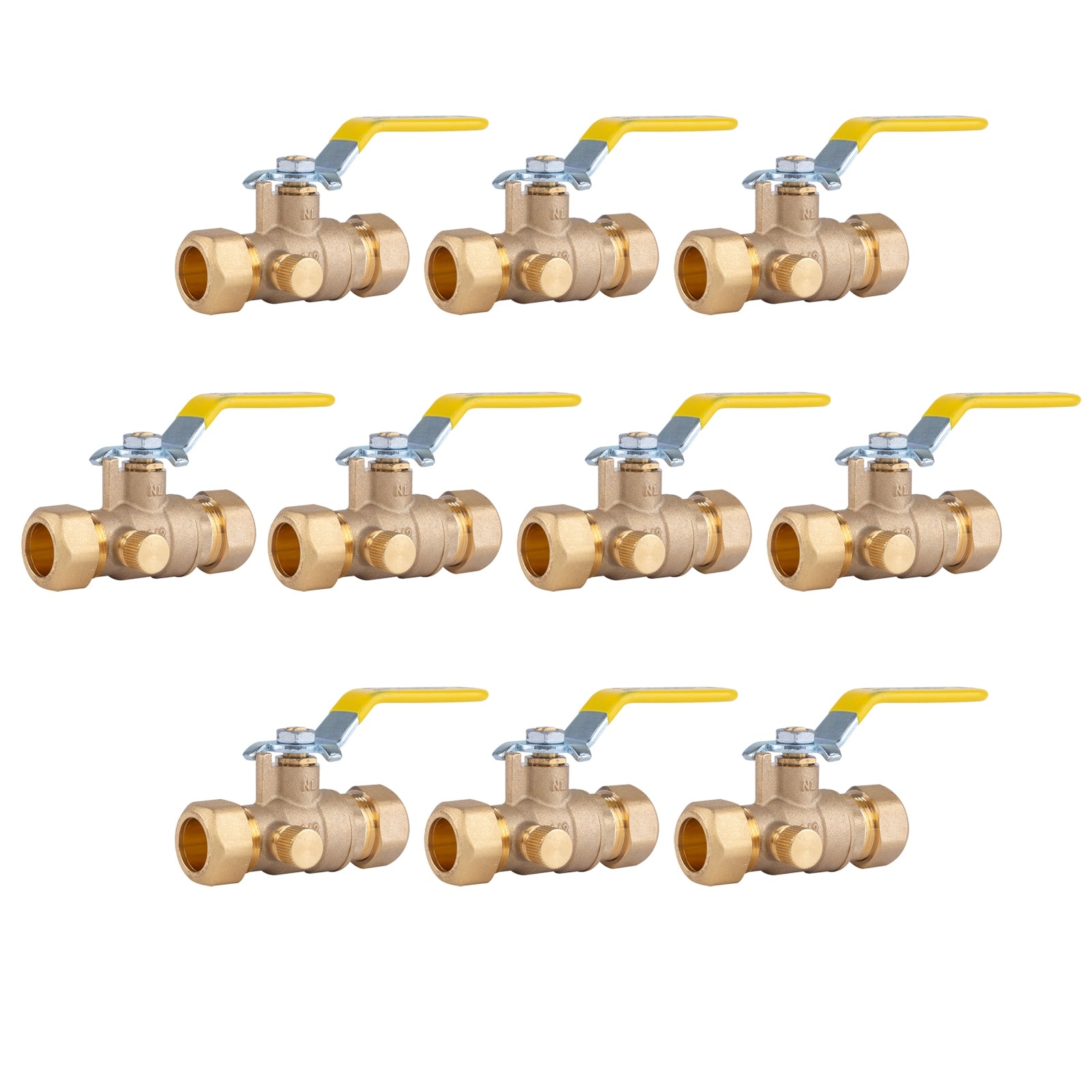 Hausen 1/2-inch Compression Standard Port Brass Ball Valve with Drain; Lead Free Forged Brass; Blowout Resistant Stem; For Use in Potable Water, Oil and Gas Distribution Systems, 10-Pack