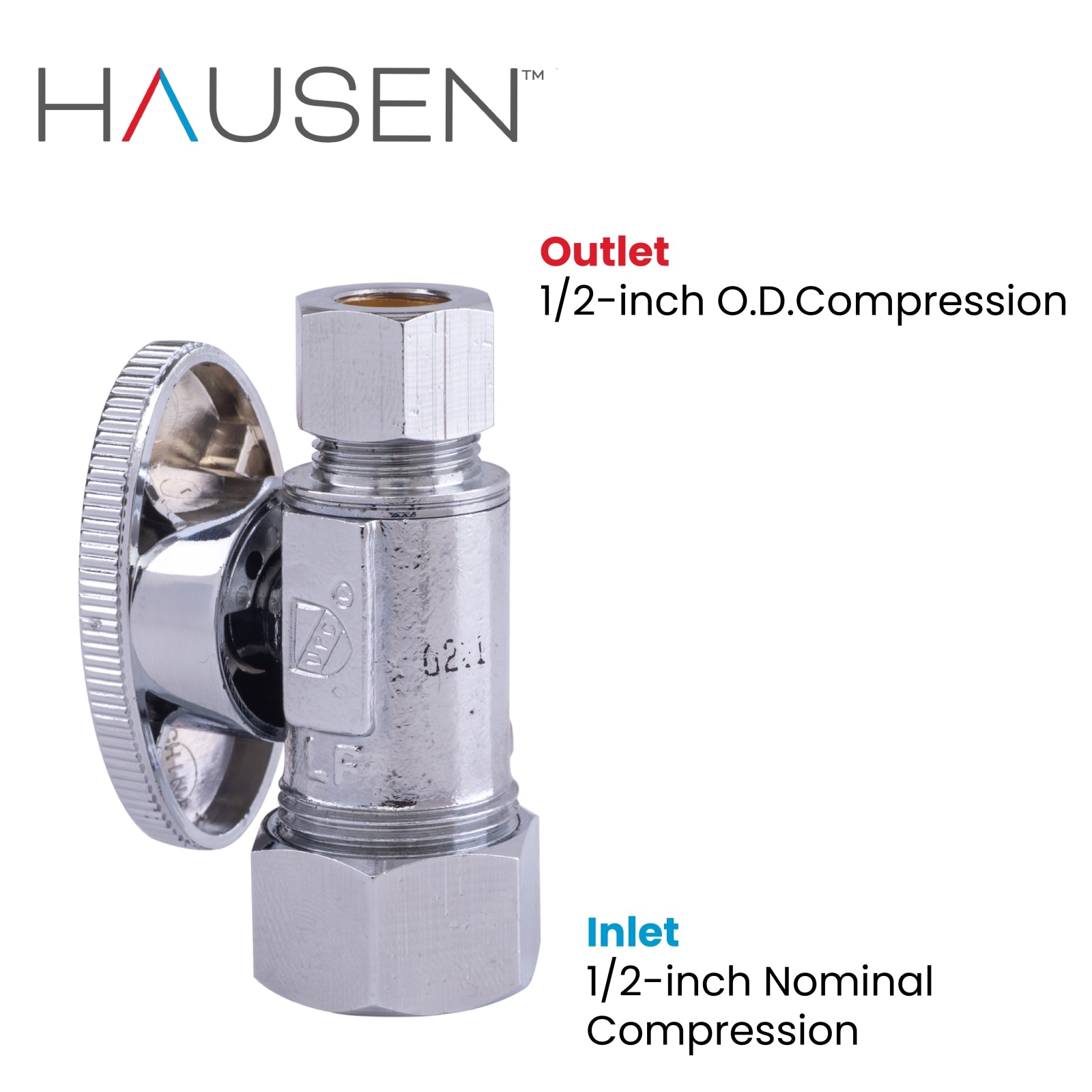 Hausen 1/2-inch Nominal Compression Inlet x 1/2-inch O.D. Compression Outlet Multi-Turn Straight Water Stop; Lead-Free Forged Brass; Chrome-Plated; Compatible with Copper Piping, 1-Pack