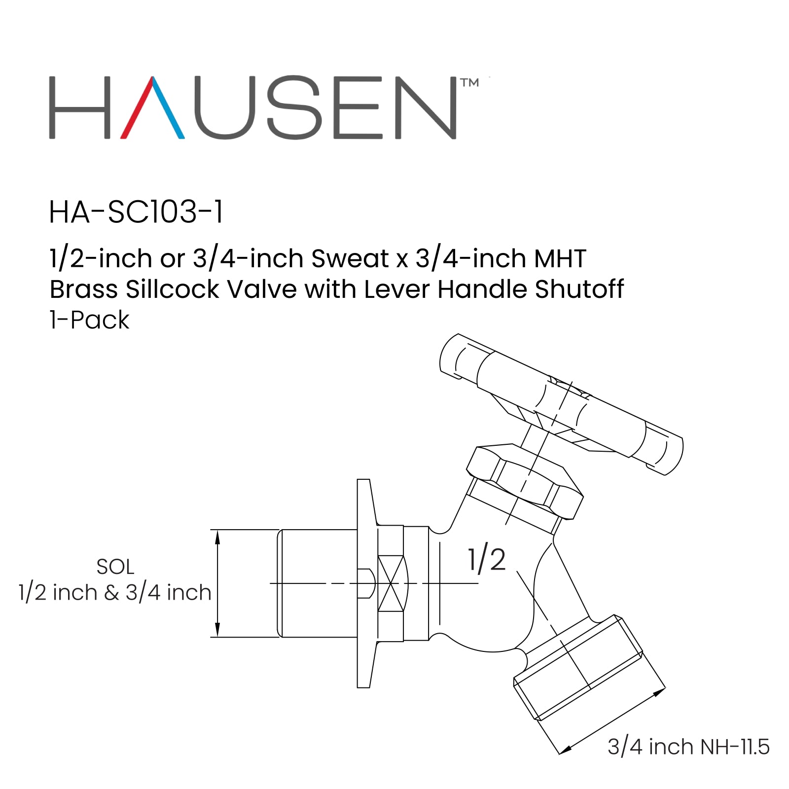 Hausen 1/2-inch or 3/4-inch Sweat x 3/4-inch MHT (Male Hose Thread) Brass Sillcock Valve with Handle Shutoff; cUPC Certified, Compatible with Standard Garden Hoses, 1-Pack