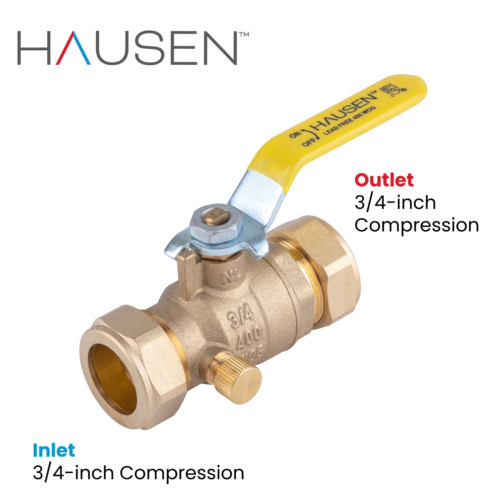 Hausen 3/4-inch Compression Standard Port Brass Ball Valve with Drain; Lead Free Forged Brass; Blowout Resistant Stem; For Use in Potable Water, Oil and Gas Distribution Systems, 10-Pack