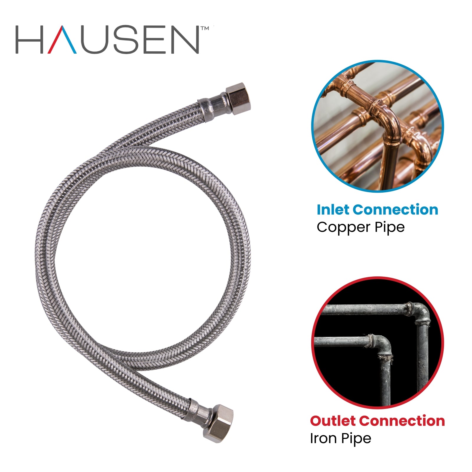 Hausen 3/8-inch Compression x 1/2-inch FIP (Female Iron Pipe) x 30-inch Length Stainless Steel Faucet Water Supply Connector; Lead Free; cUPC and NSF-61 Certified; Compatible with Standard Faucets, 2-Pack