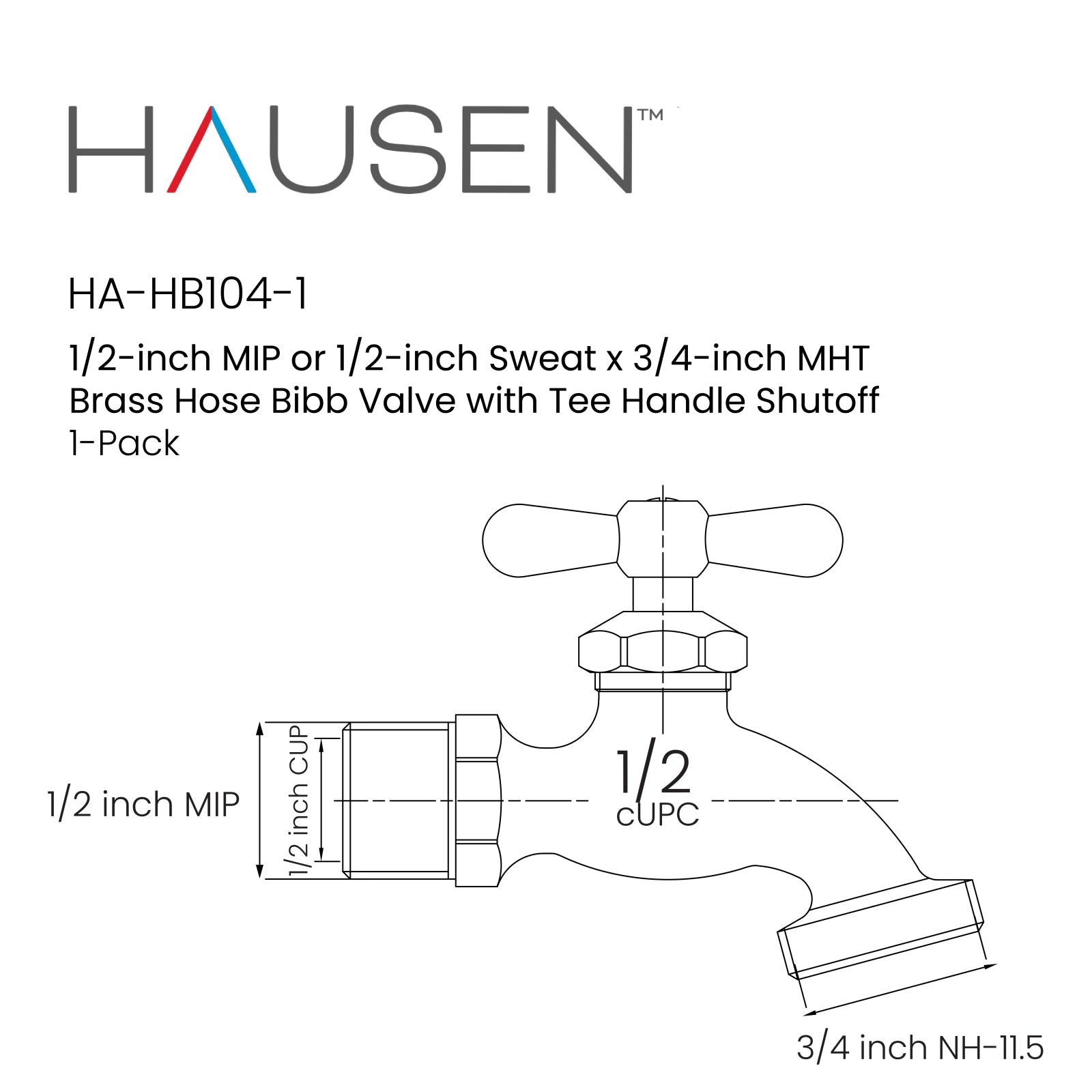 Hausen 1/2-inch MIP (Male Iron Pipe) or 1/2-inch Sweat x 3/4-inch MHT (Male Hose Thread) Brass Hose Bibb Valve with Tee Handle Shutoff; cUPC Certified, Compatible with Standard Garden Hoses, 1-pack