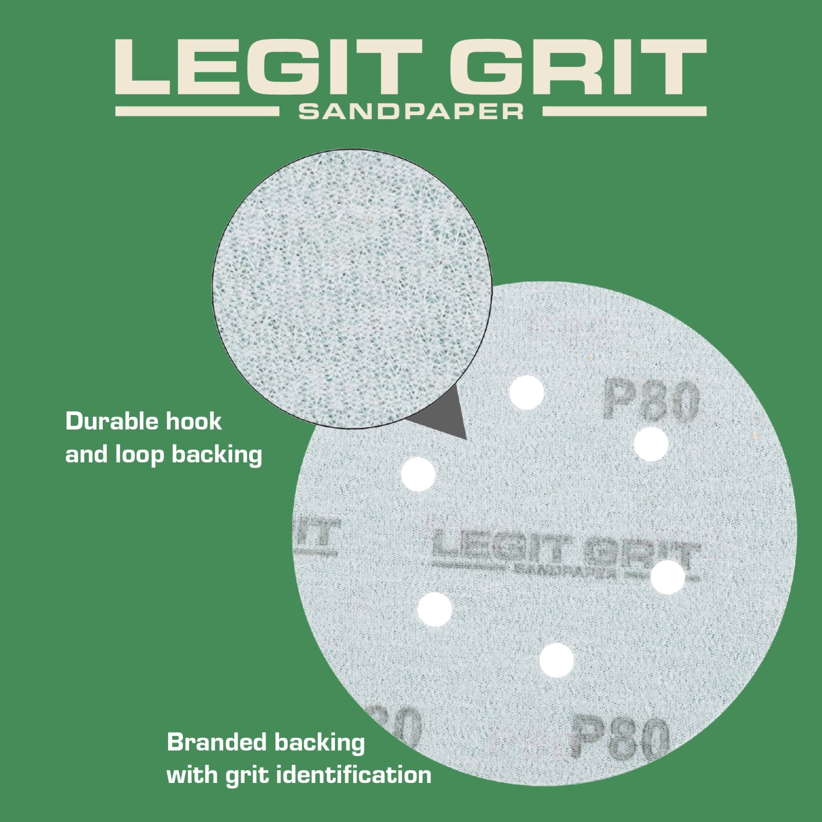 Legit Grit 6 inch Sand paper Disc, 6-Hole, Mixed Grit Variety Set - GRITS: 80/120/150/180/220 (10 of each) , 50 Pack