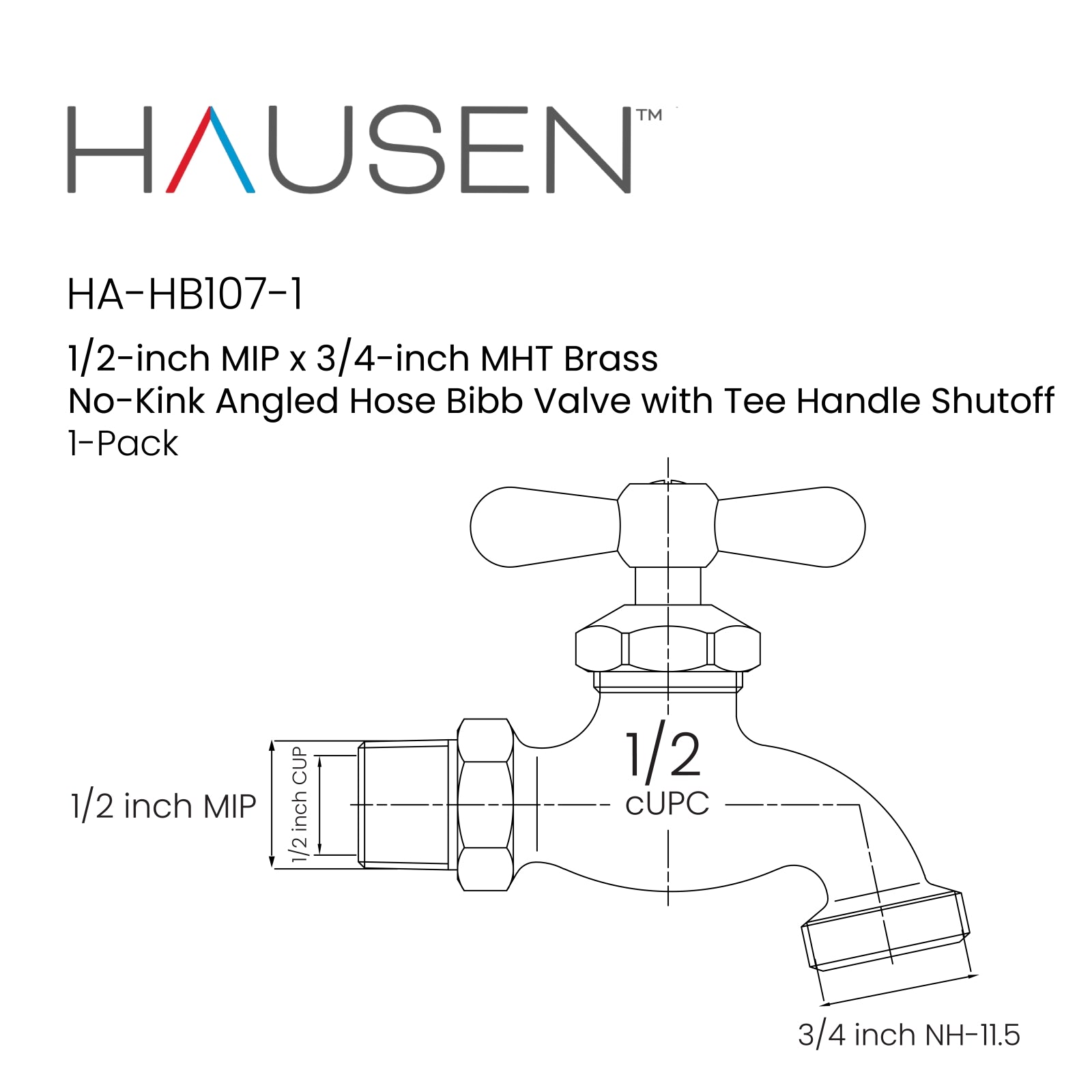 Hausen 1/2-inch MIP (Male Iron Pipe) x 3/4-inch MHT (Male Hose Thread) Brass No-Kink Angled Hose Bibb Valve with Tee Handle Shutoff; cUPC Certified, Compatible with Standard Garden Hoses, 1-pack