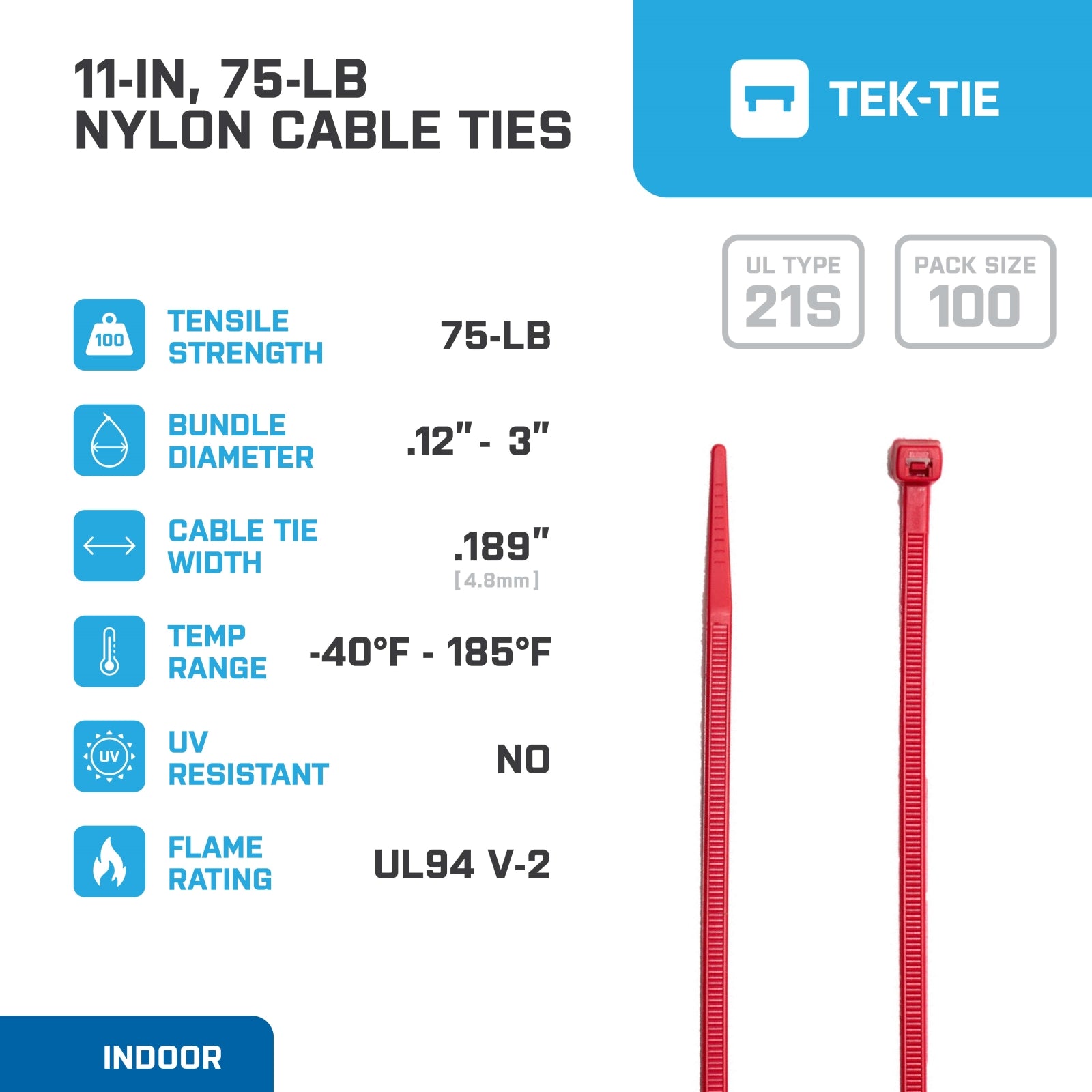 11-inch Red Multi-Purpose Cable Tie, 75-lb Tensile Strength, UL 21S Listed, 100-Pack