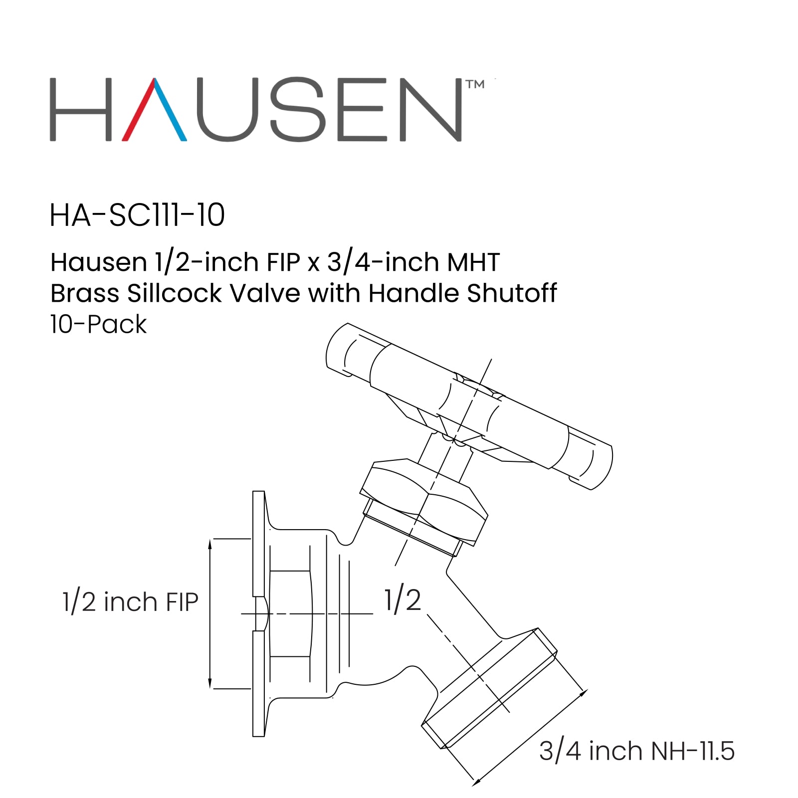 Hausen 1/2-inch FIP (Female Iron Pipe) x 3/4-inch MHT (Male Hose Thread) Brass Sillcock Valve with Handle Shutoff; cUPC Certified, Compatible with Standard Garden Hoses, 10-Pack