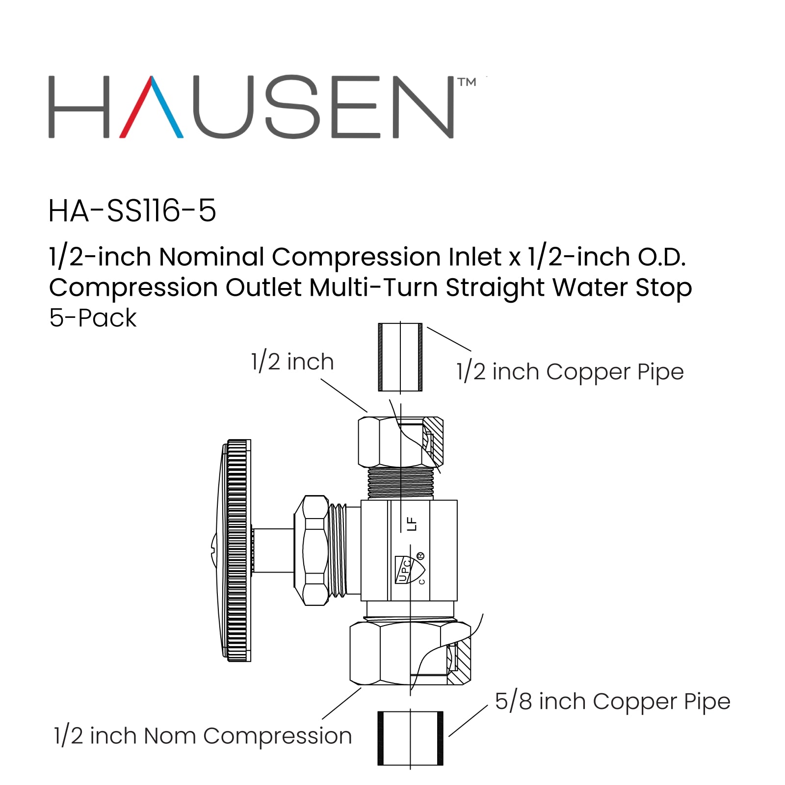 Hausen 1/2-inch Nominal Compression Inlet x 1/2-inch O.D. Compression Outlet Multi-Turn Straight Water Stop; Lead-Free Forged Brass; Chrome-Plated; Compatible with Copper Piping, 5-Pack