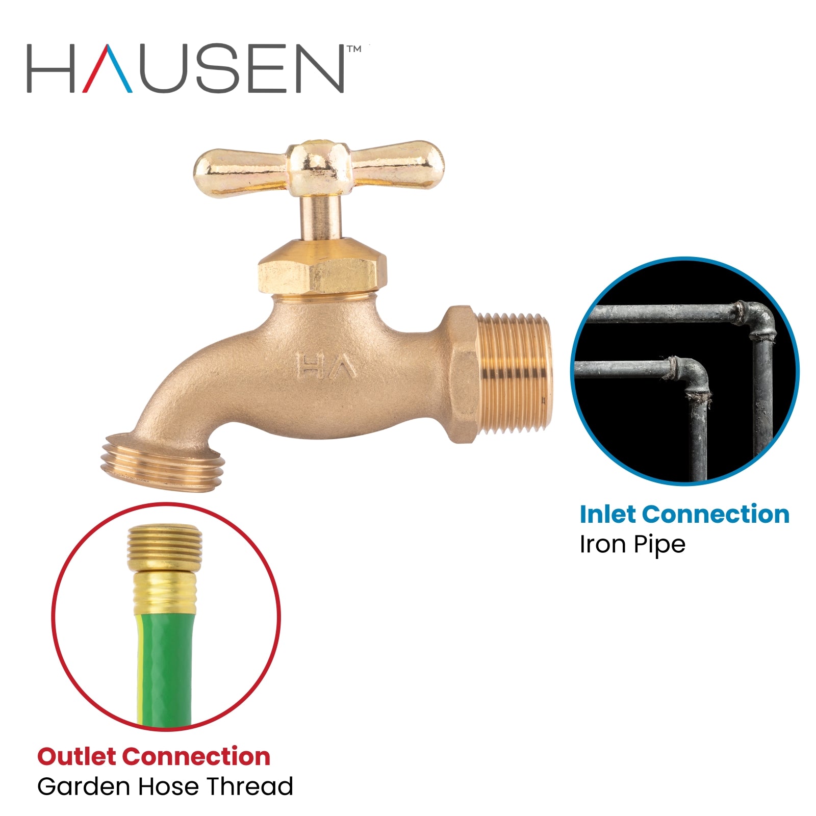 Hausen 3/4-inch MIP (Male Iron Pipe) x 3/4-inch MHT (Male Hose Thread) Brass No-Kink Angled Hose Bibb Valve with Tee Handle Shutoff; cUPC Certified, Compatible with Standard Garden Hoses, 1-pack