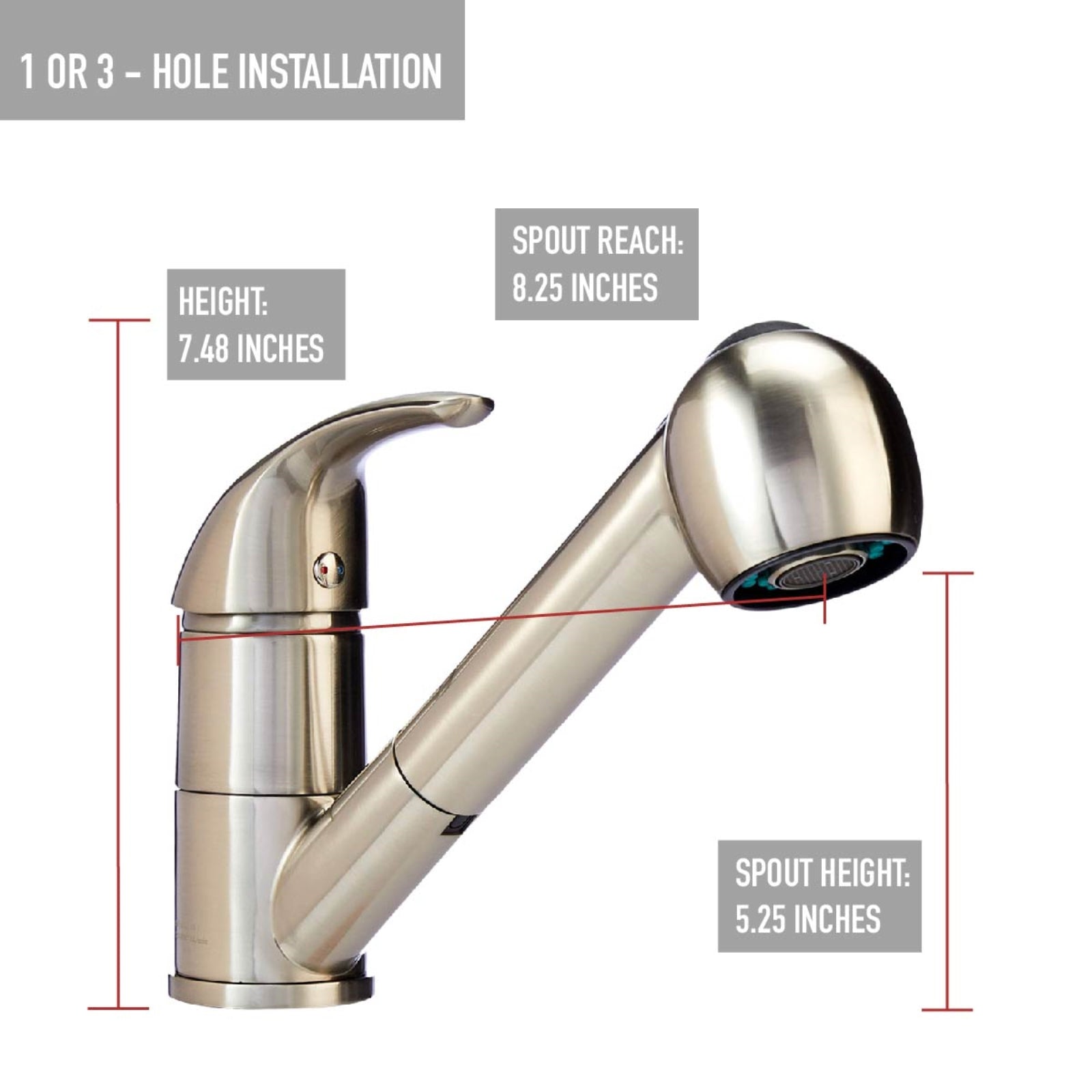 Single-Handle Kitchen Pull Out Sprayer Faucet, Straight, Satin Nickel