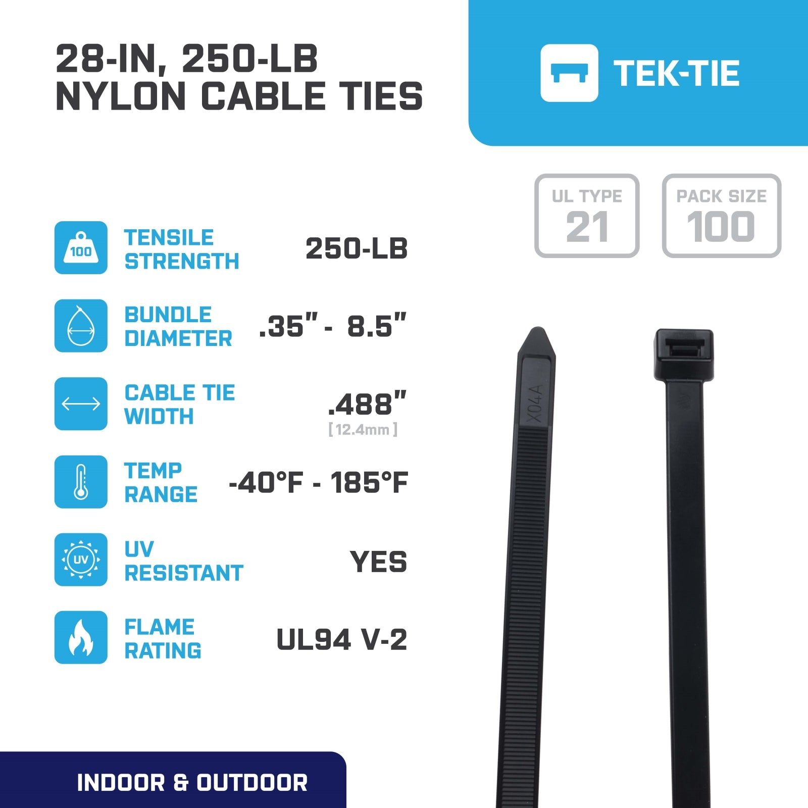 28-inch UV Resistant Black Multi-Purpose Cable Tie, 250-lb Tensile Strength, 100-Pack