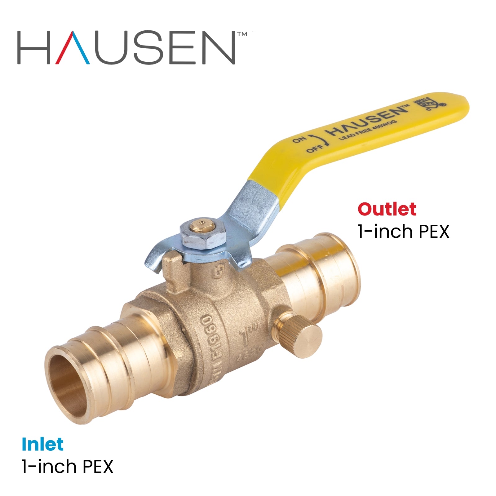 Hausen 1-inch PEX Standard Port Brass Ball Valve with Drain; Lead Free Forged Brass; Blowout Resistant Stem; cUPC/ANSI/NSF Certified; For Use in Potable Water, Oil and Gas Distribution Systems, 10-Pack