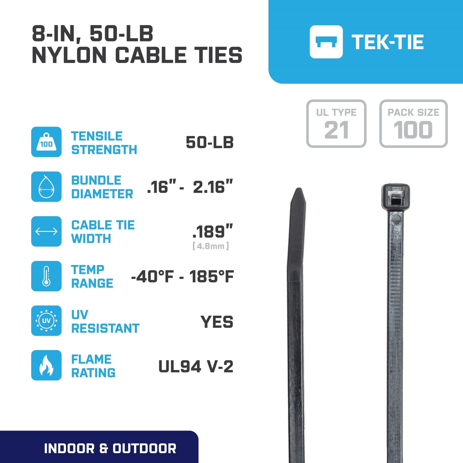 8-inch UV Resistant Black Releasable Pawl Cable Tie, 50-lb Tensile Strength, UL 21 Listed, 100-Pack