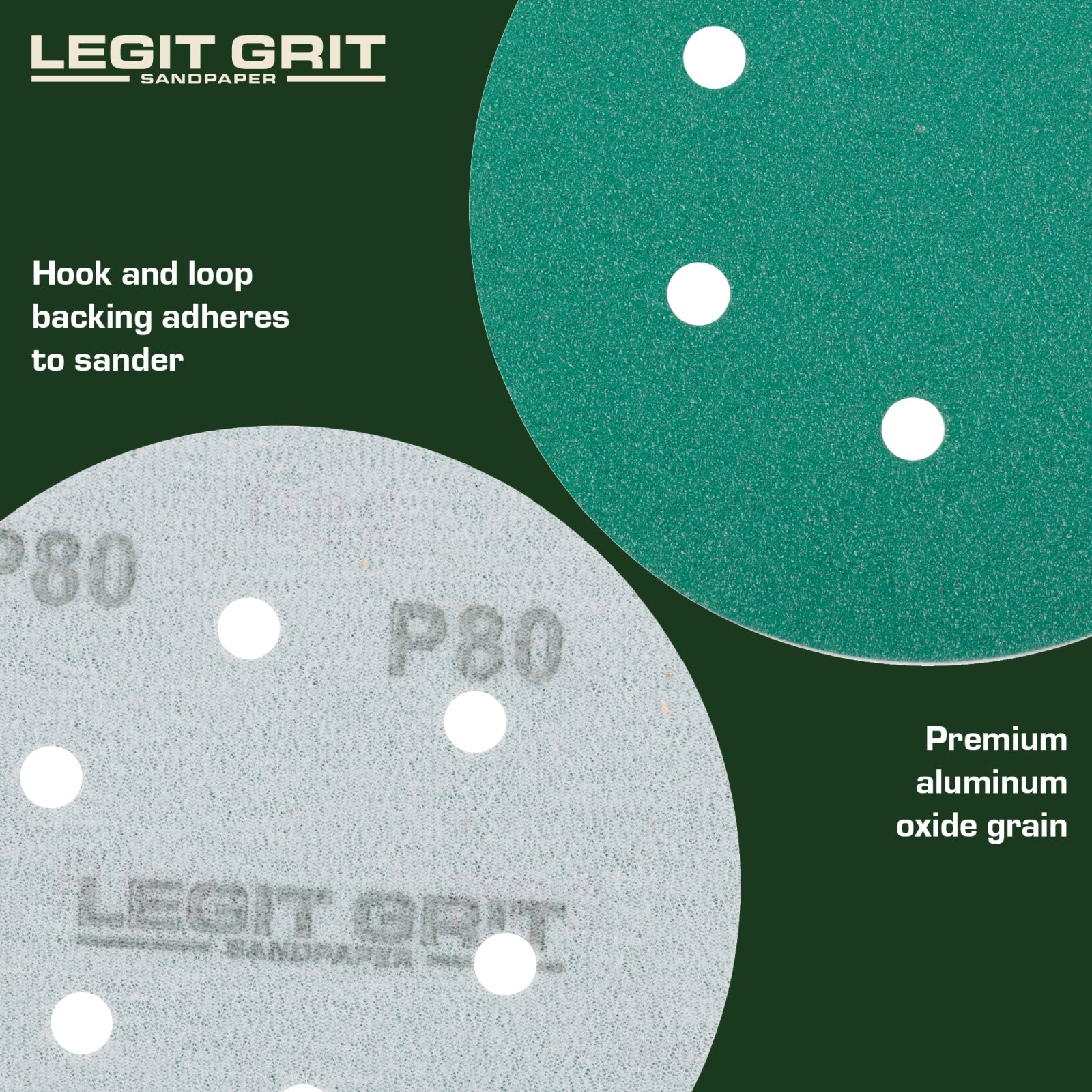 Legit Grit 6 inch Sand paper Disc, 6-Hole, Mixed Grit Variety Set - GRITS: 80/120/150/180/220 (10 of each) , 50 Pack