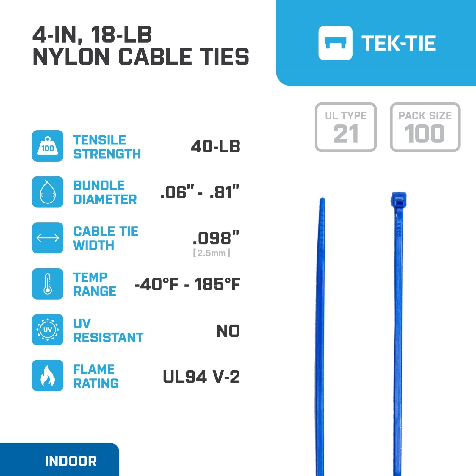 4-inch Blue Multi-Purpose Cable Tie, 18-lb Tensile Strength, UL 21 Listed, 100-Pack