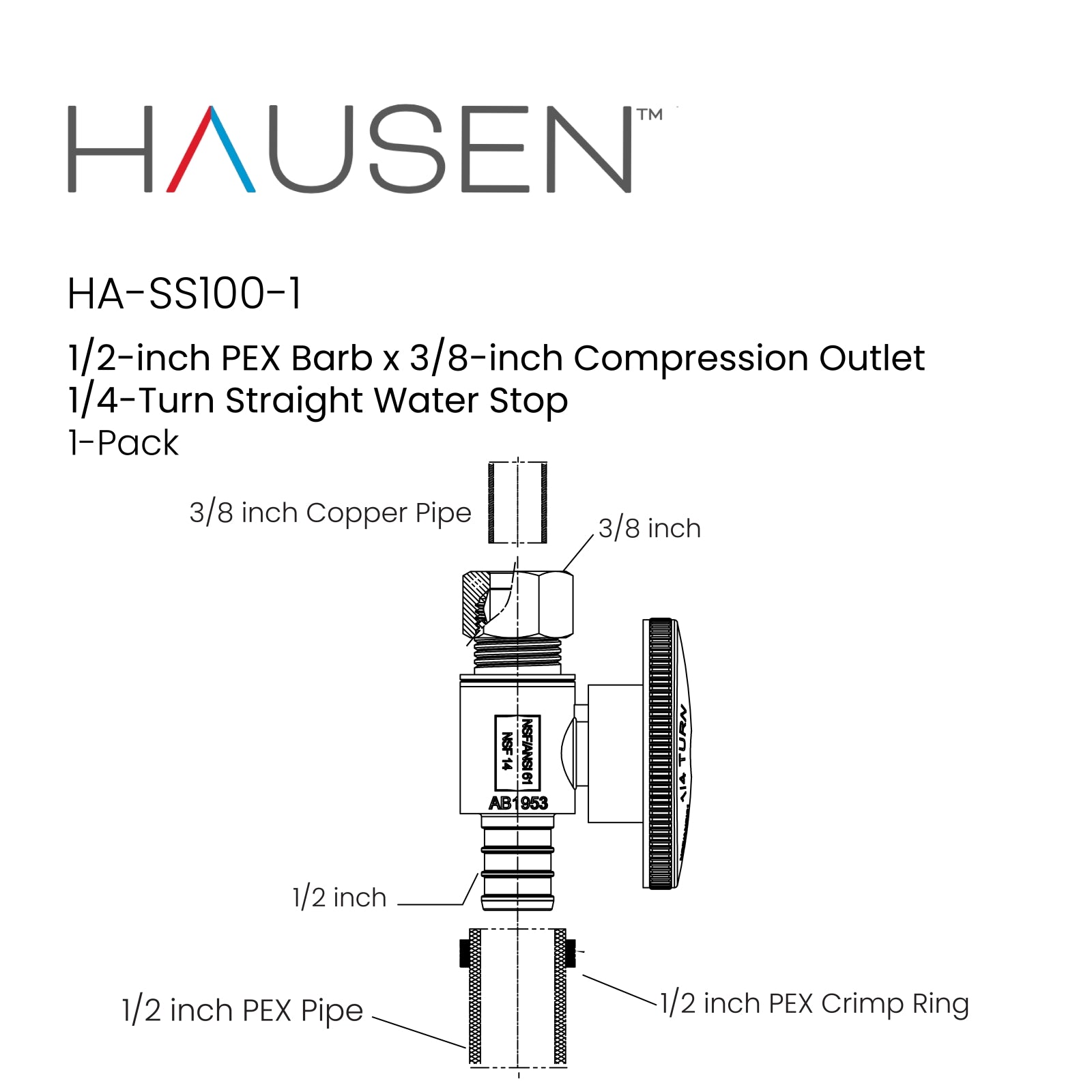 Hausen 1/2-inch PEX Barb x 3/8-inch Compression Outlet 1/4-Turn Straight Water Stop; Lead-Free Forged Brass; Chrome-Plated; cUPC/ANSI/NSF Certified; Compatible with PEX and Copper Piping, 1-Pack