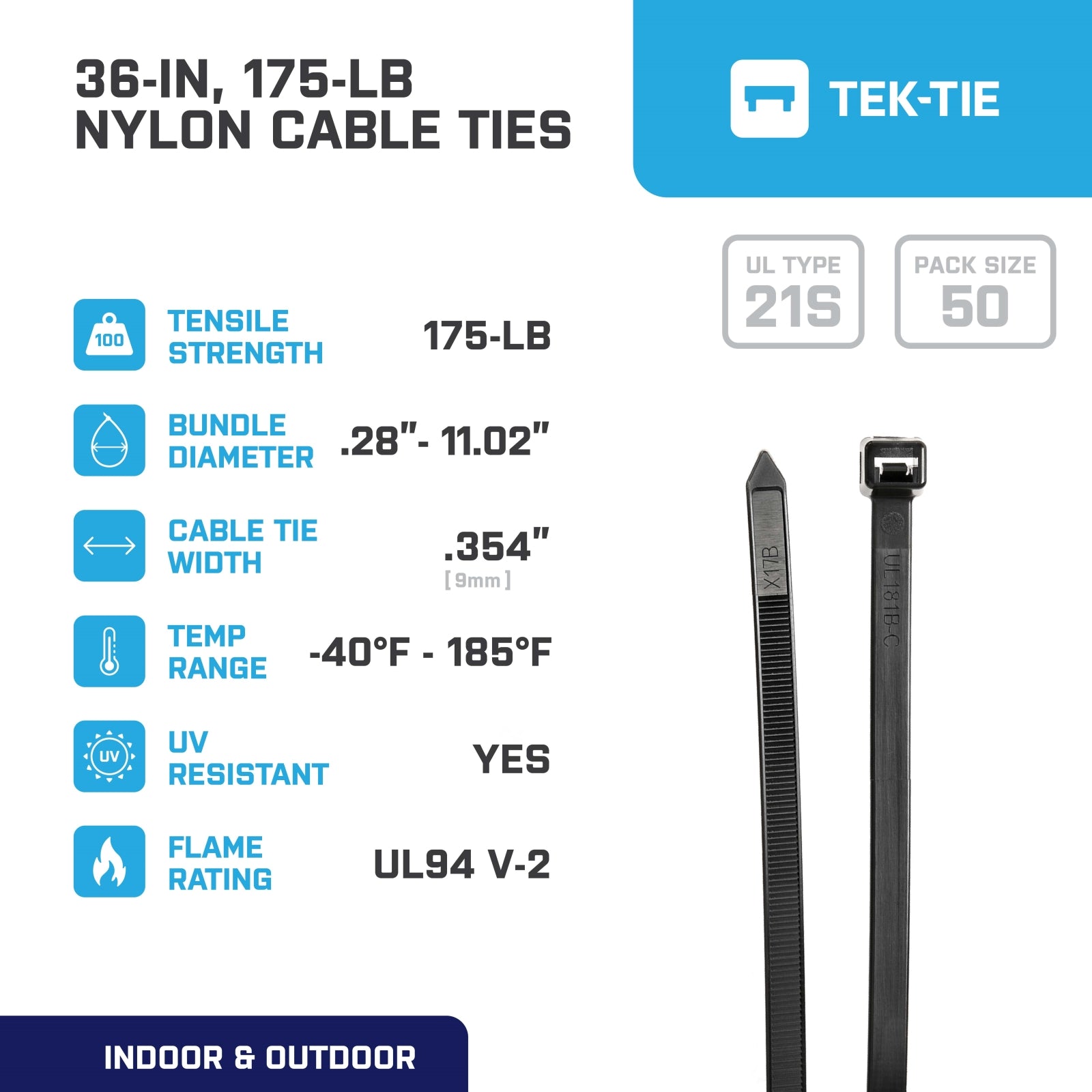 36-inch UV Resistant Black Multi-Purpose Cable Tie, 175-lb Tensile Strength, UL 21S Listed, 50-Pack