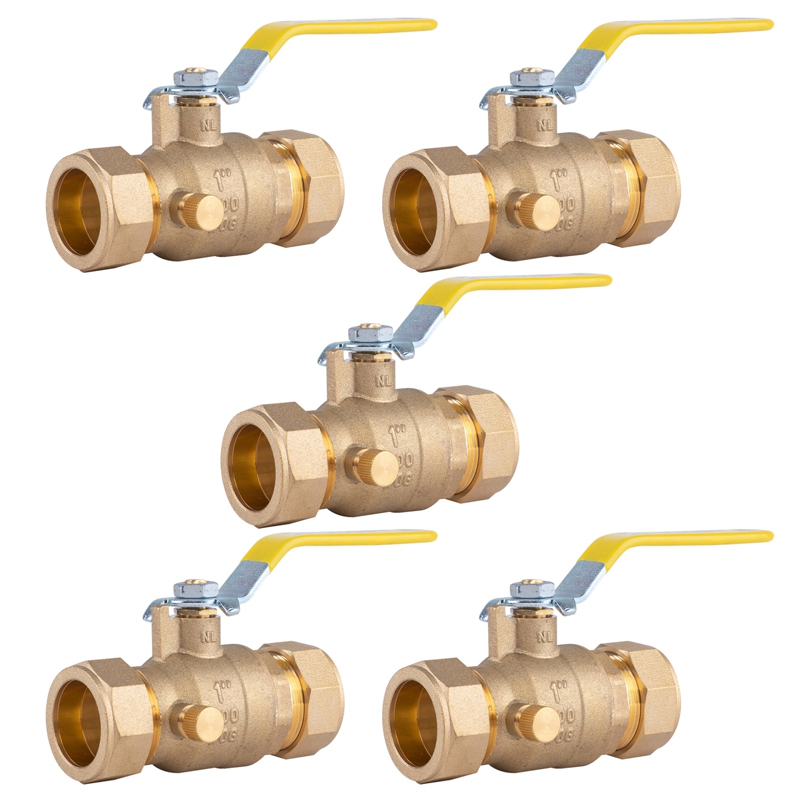 Hausen 1-inch Compression Standard Port Brass Ball Valve with Drain; Lead Free Forged Brass; Blowout Resistant Stem; For Use in Potable Water, Oil and Gas Distribution Systems, 5-Pack