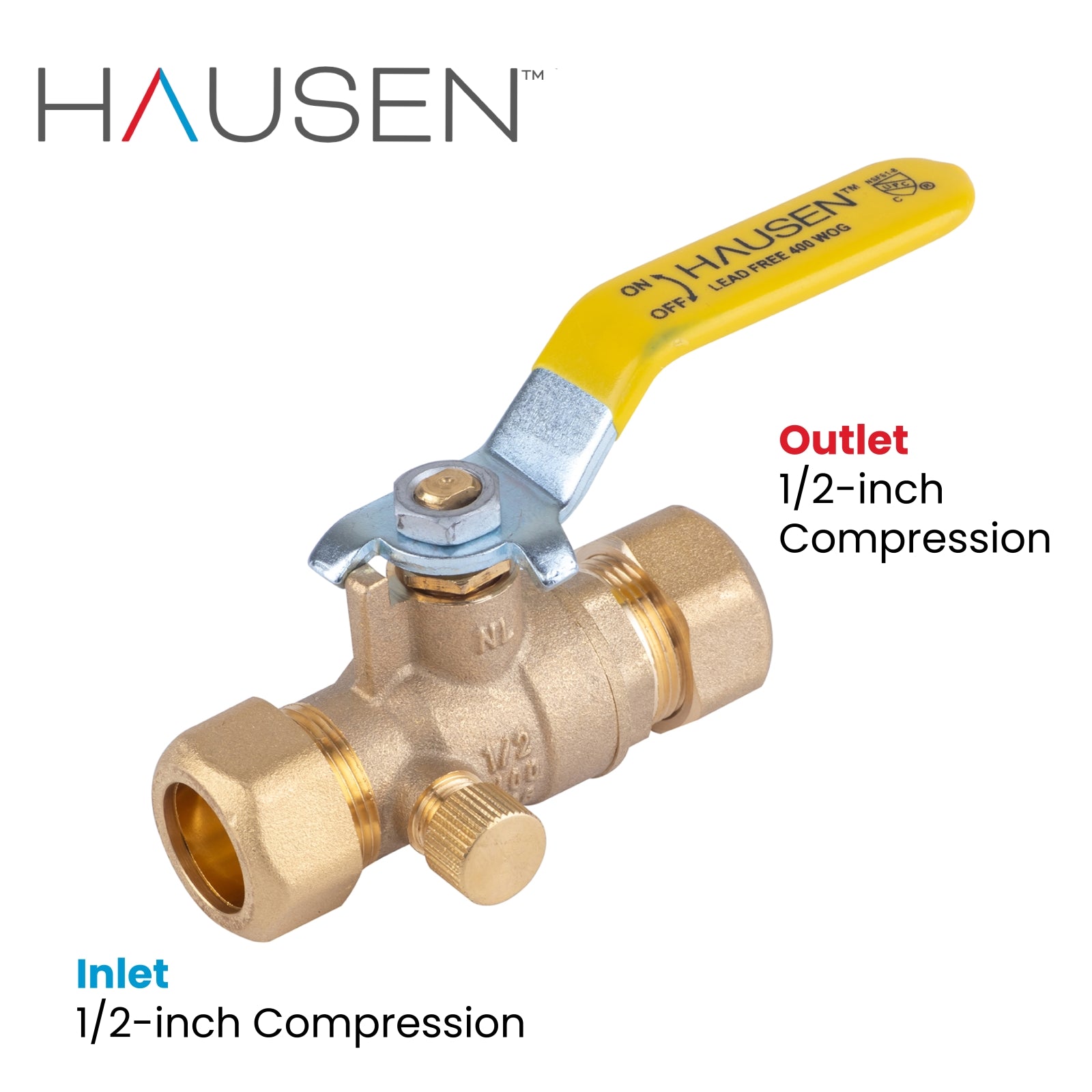 Hausen 1/2-inch Compression Standard Port Brass Ball Valve with Drain; Lead Free Forged Brass; Blowout Resistant Stem; For Use in Potable Water, Oil and Gas Distribution Systems, 10-Pack