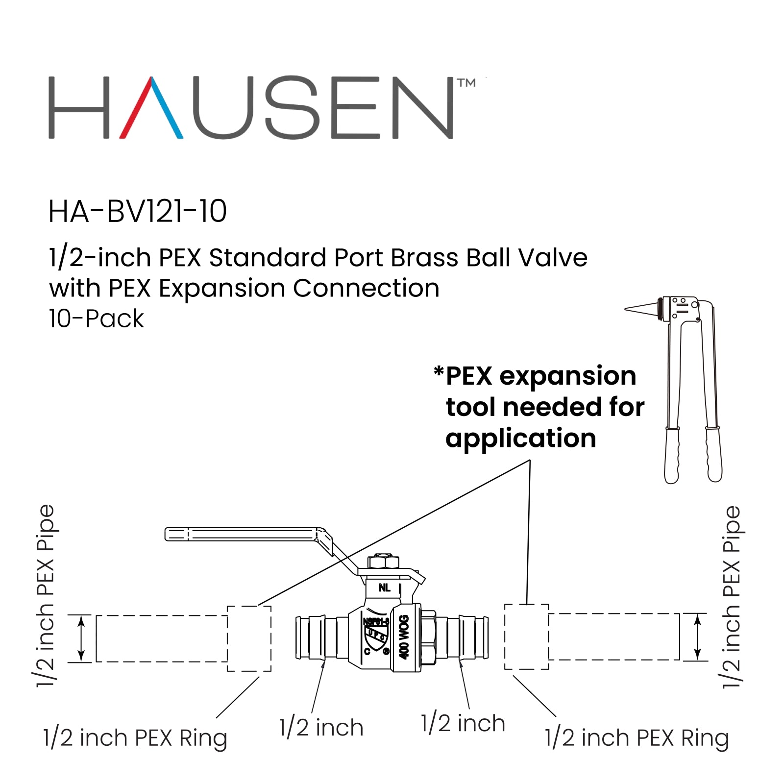 Hausen 1/2-inch PEX Standard Port Brass Ball Valve with PEX Expansion Connection; Lead Free Forged Brass; Blowout Resistant Stem; For Use in Potable Water, Oil and Gas Distribution Systems, 10-Pack