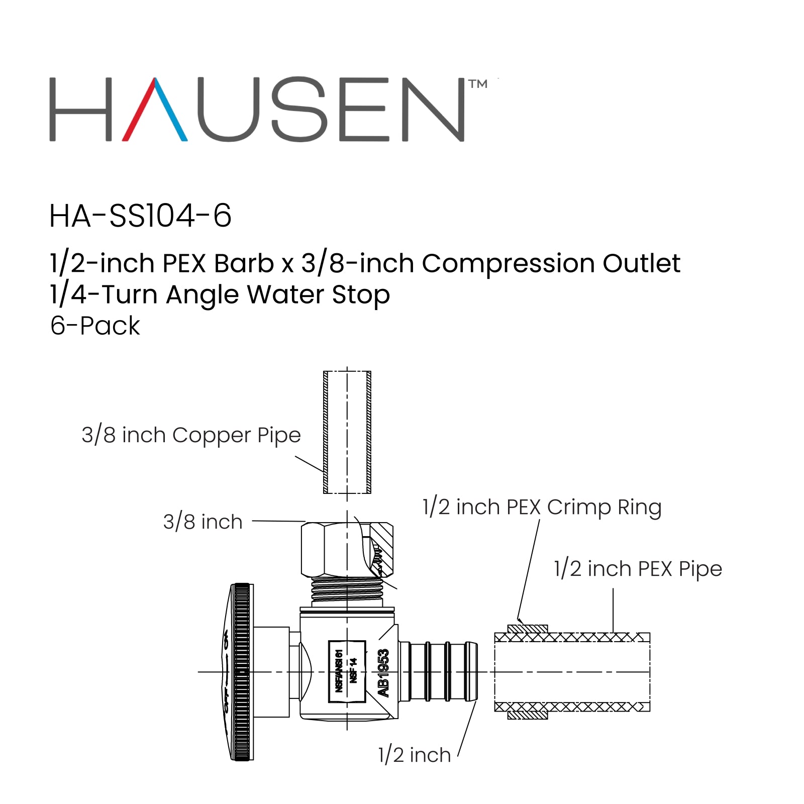 Hausen 1/2-inch PEX Barb x 3/8-inch Compression Outlet 1/4-Turn Angle Water Stop; Lead-Free Forged Brass; Chrome-Plated; cUPC/ANSI/NSF Certified; Compatible with PEX and Copper Piping, 6-Pack