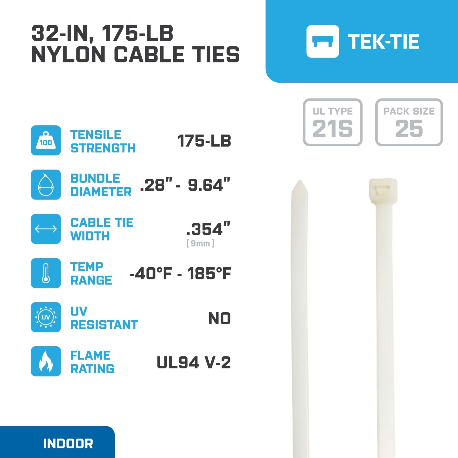 32-inch Natural Multi-Purpose Cable Tie, 175-lb Tensile Strength, UL 21S Listed, 25-Pack