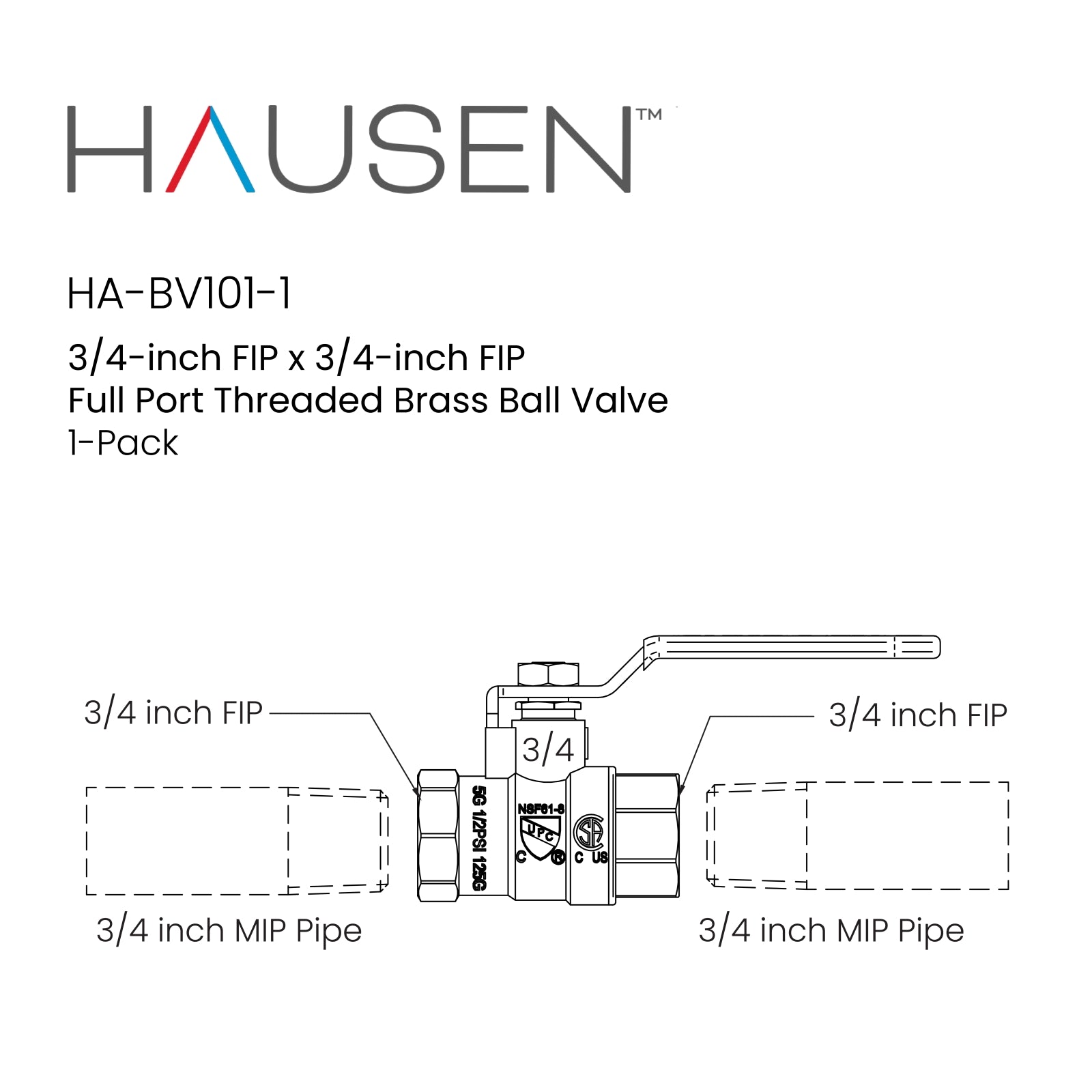 Hausen 3/4-inch FIP (Female Iron Pipe) x 3/4-inch FIP (Female Iron Pipe) Full Port Threaded Brass Ball Valve; Blowout Resistant Stem; For Use in Potable Water Distribution Systems, 1-Pack