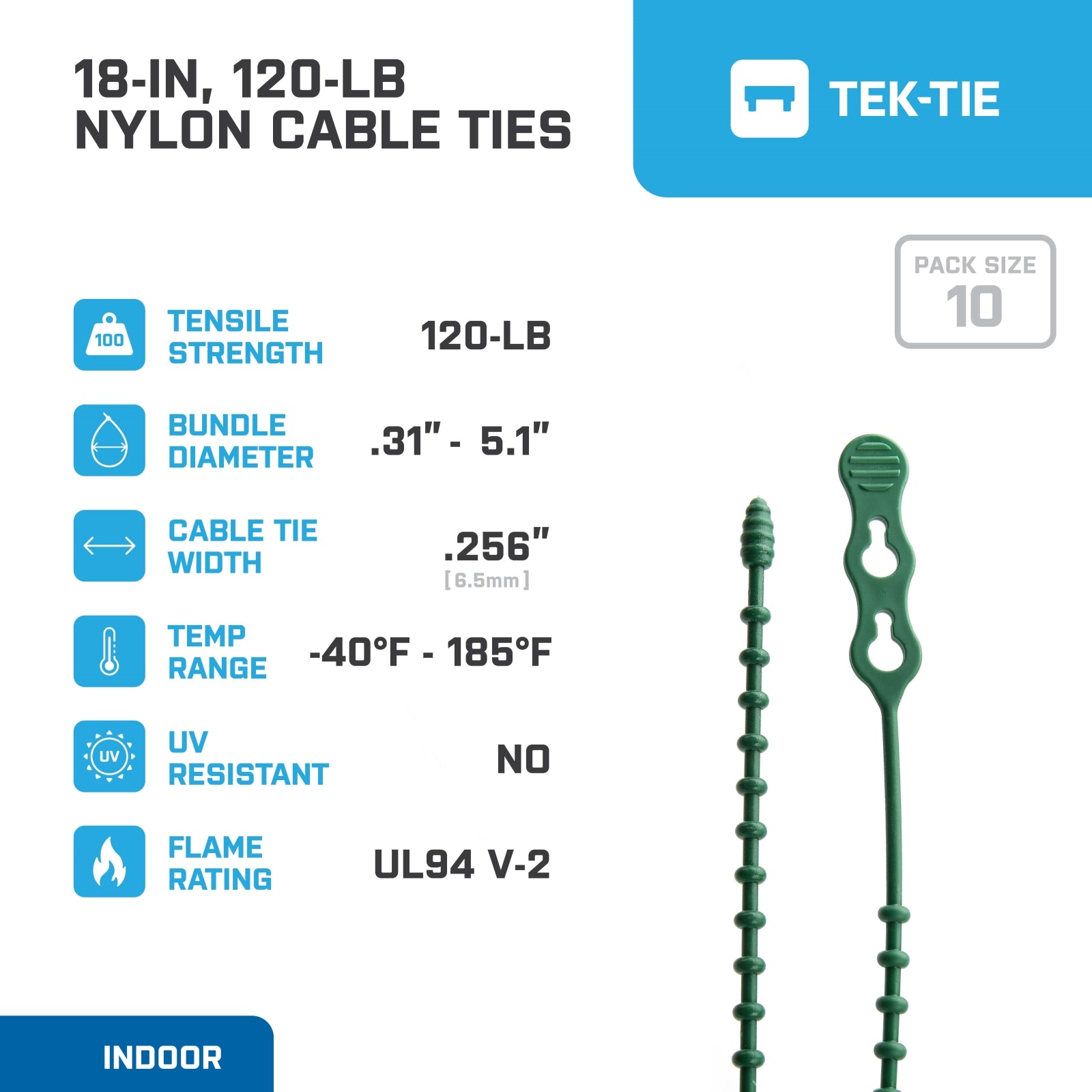 18-inch Green Double Loop Beaded Cable Tie, 120-lb Tensile Strength, 10-Pack