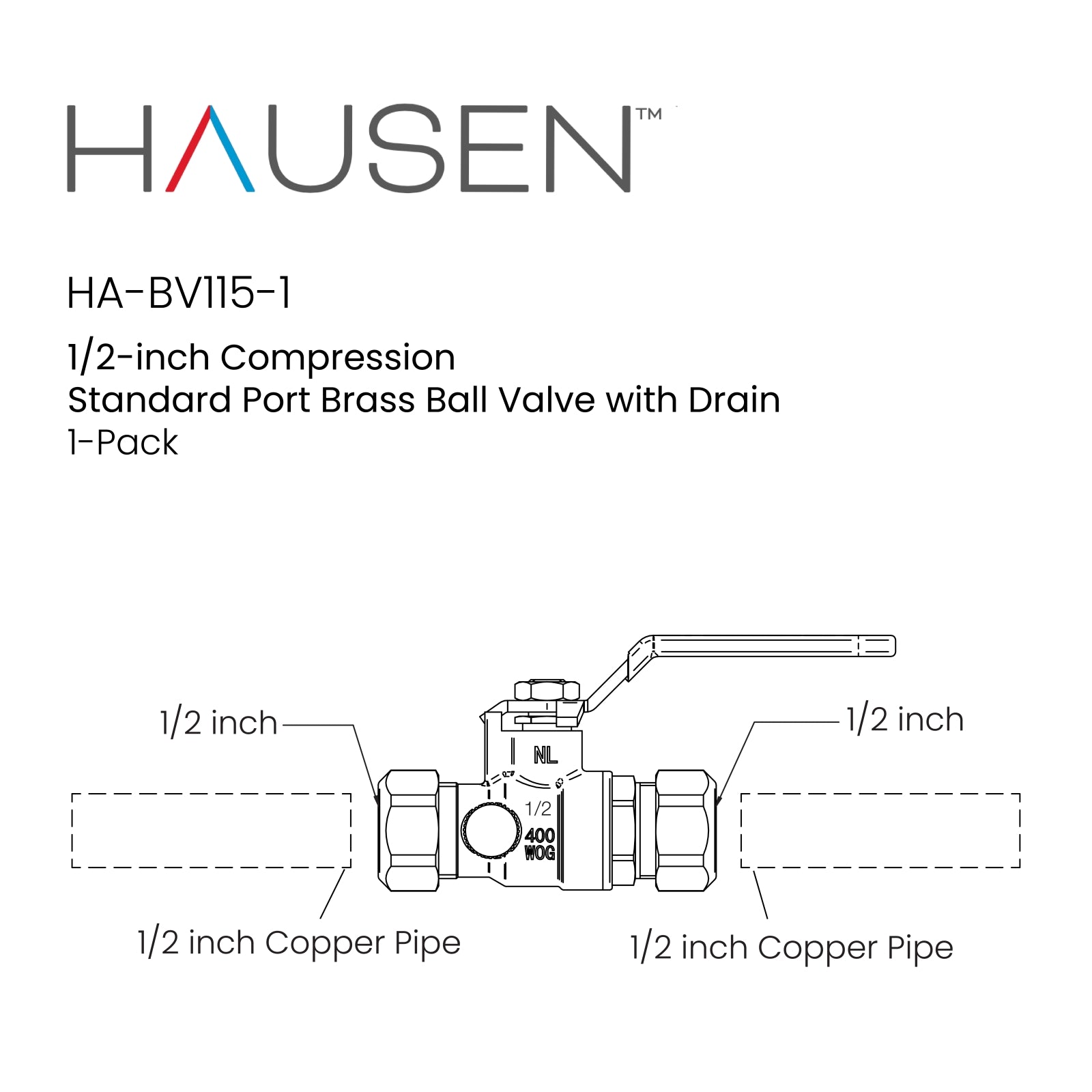 Hausen 1/2-inch Compression Standard Port Brass Ball Valve with Drain; Lead Free Forged Brass; Blowout Resistant Stem; For Use in Potable Water, Oil and Gas Distribution Systems, 1-Pack