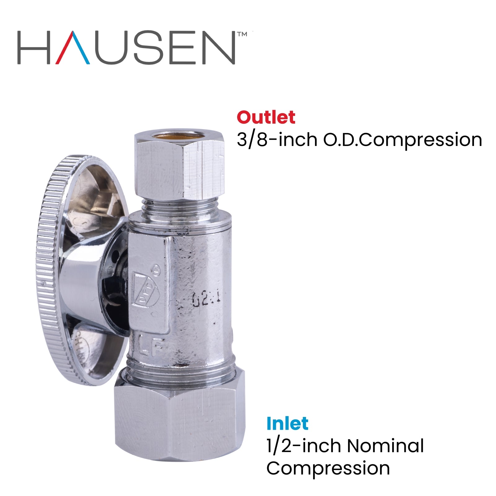 Hausen 1/2-inch Nominal Compression Inlet x 3/8-inch O.D. Compression Outlet 1/4-Turn Straight Water Stop; Lead-Free Forged Brass; Chrome-Plated; Compatible with Copper Piping, 1-Pack