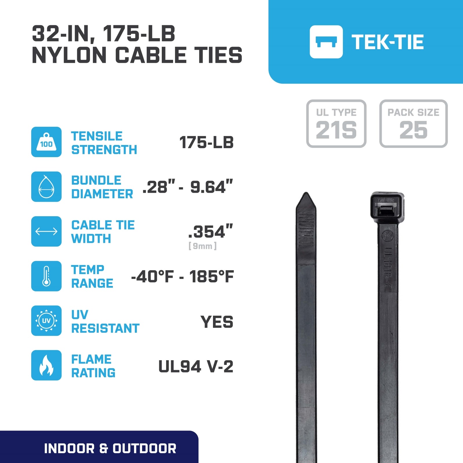 32-inch UV Resistant Black Multi-Purpose Cable Ties, 175-lb Tensile Strength, UL 21S Listed, 25-Pack