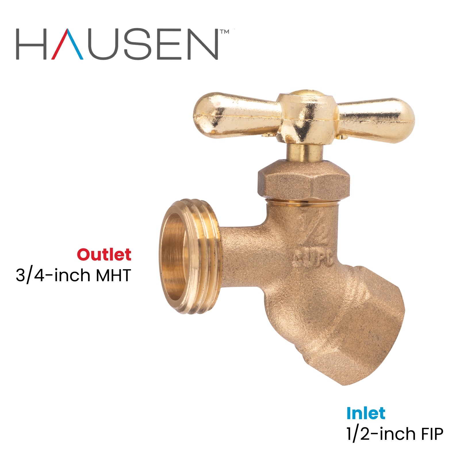 Hausen 1/2-inch FIP (Female Iron Pipe) x 3/4-inch MHT (Male Hose Thread) Brass No-Kink Angled Hose Bibb Valve with Tee Handle Shutoff; cUPC Certified, Compatible with Standard Garden Hoses, 10-pack