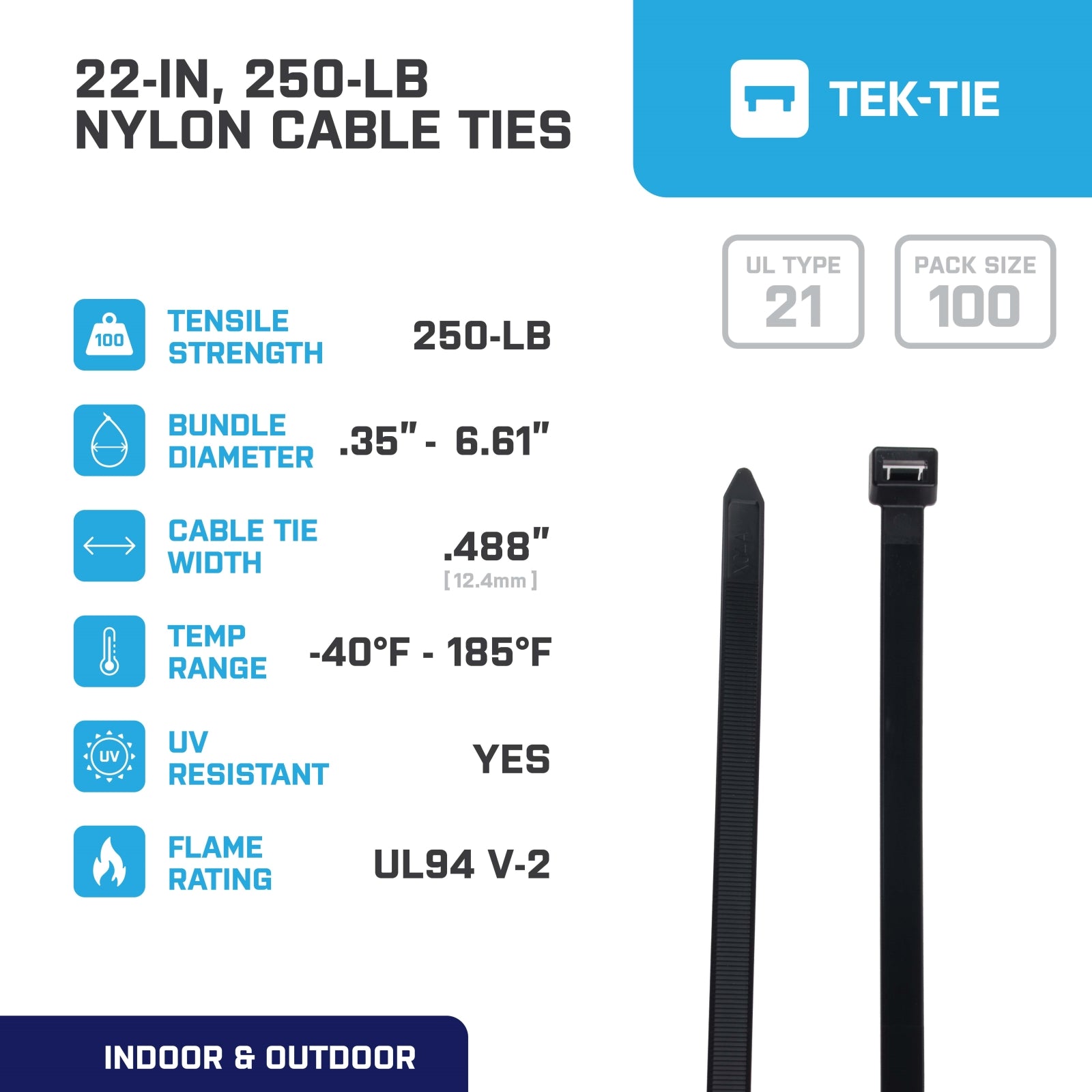 22-inch UV Resistant Black Multi-Purpose Cable Tie, 250-lb Tensile Strength, 100-Pack