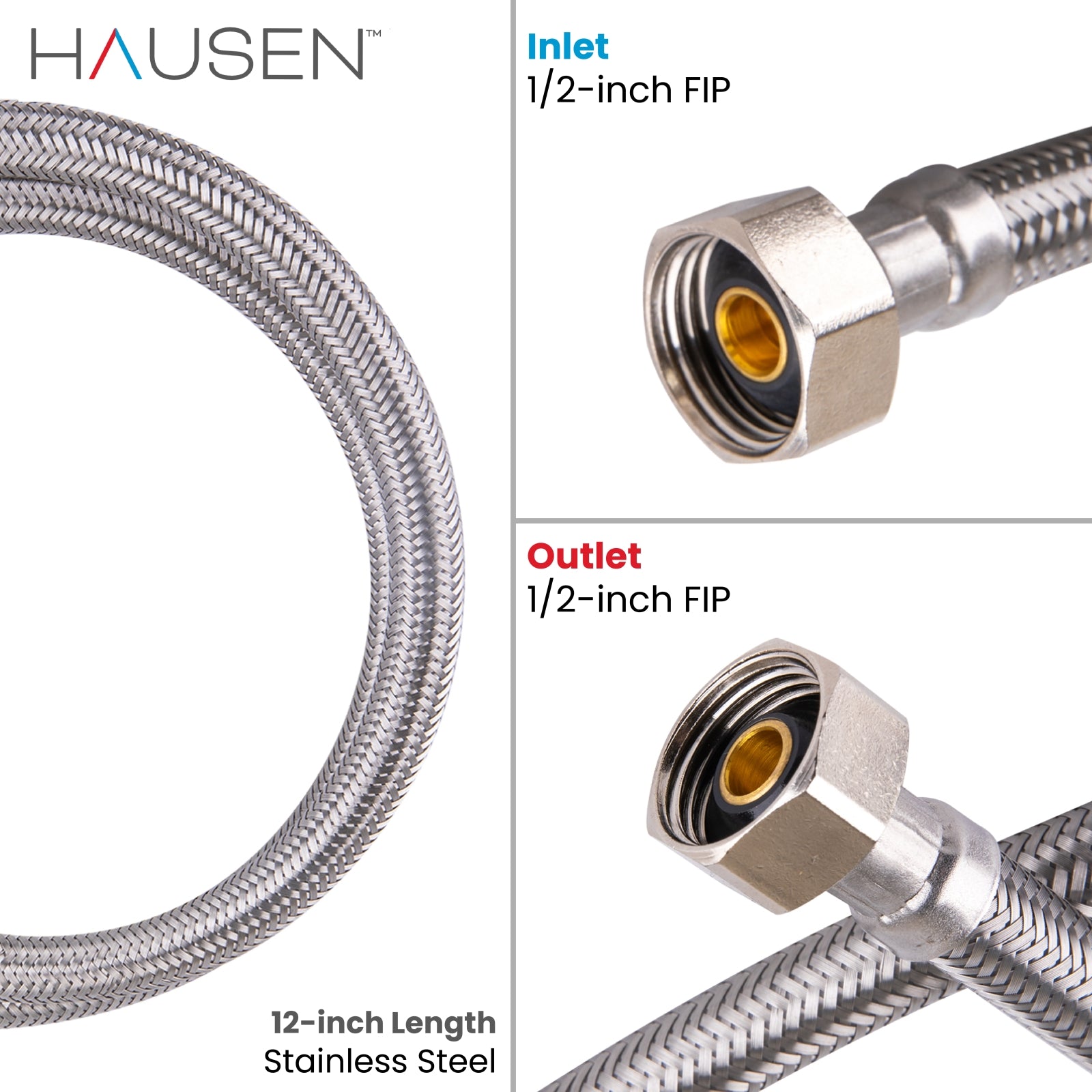 Hausen 1/2-inch FIP (Female Iron Pipe) x 1/2-inch FIP (Female Iron Pipe) x 12-inch Length Stainless Steel Faucet Water Supply Connector; Lead Free; Compatible with Standard Faucets, 6-Pack