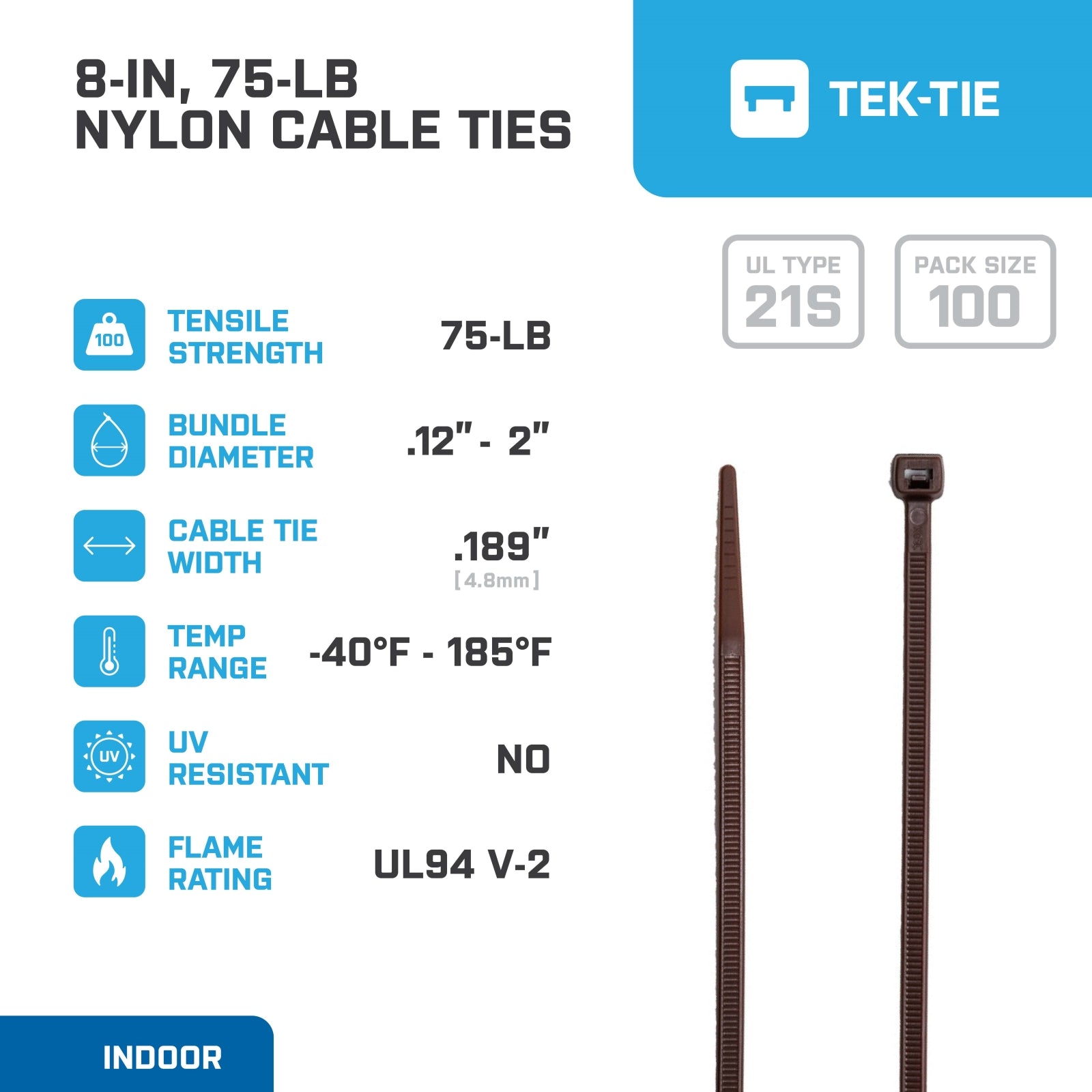 8-inch Dark Brown Multi-Purpose Cable Tie, 75-lb Tensile Strength, UL 21S Listed, 100-Pack