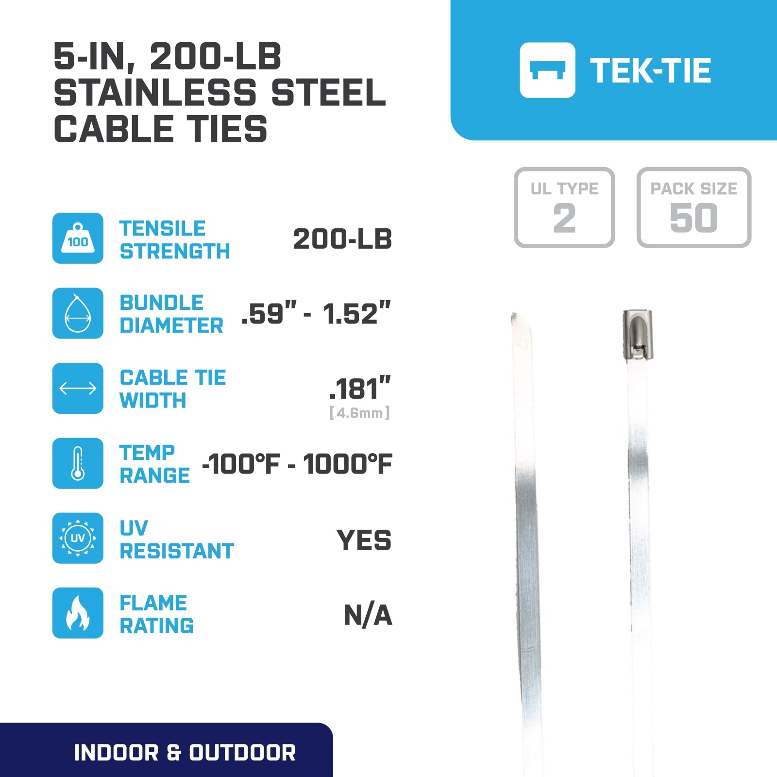 5-inch UV Resistant Stainless Steel Cable Tie, 200-lb Tensile Strength, UL 2 Listed, 50-Pack