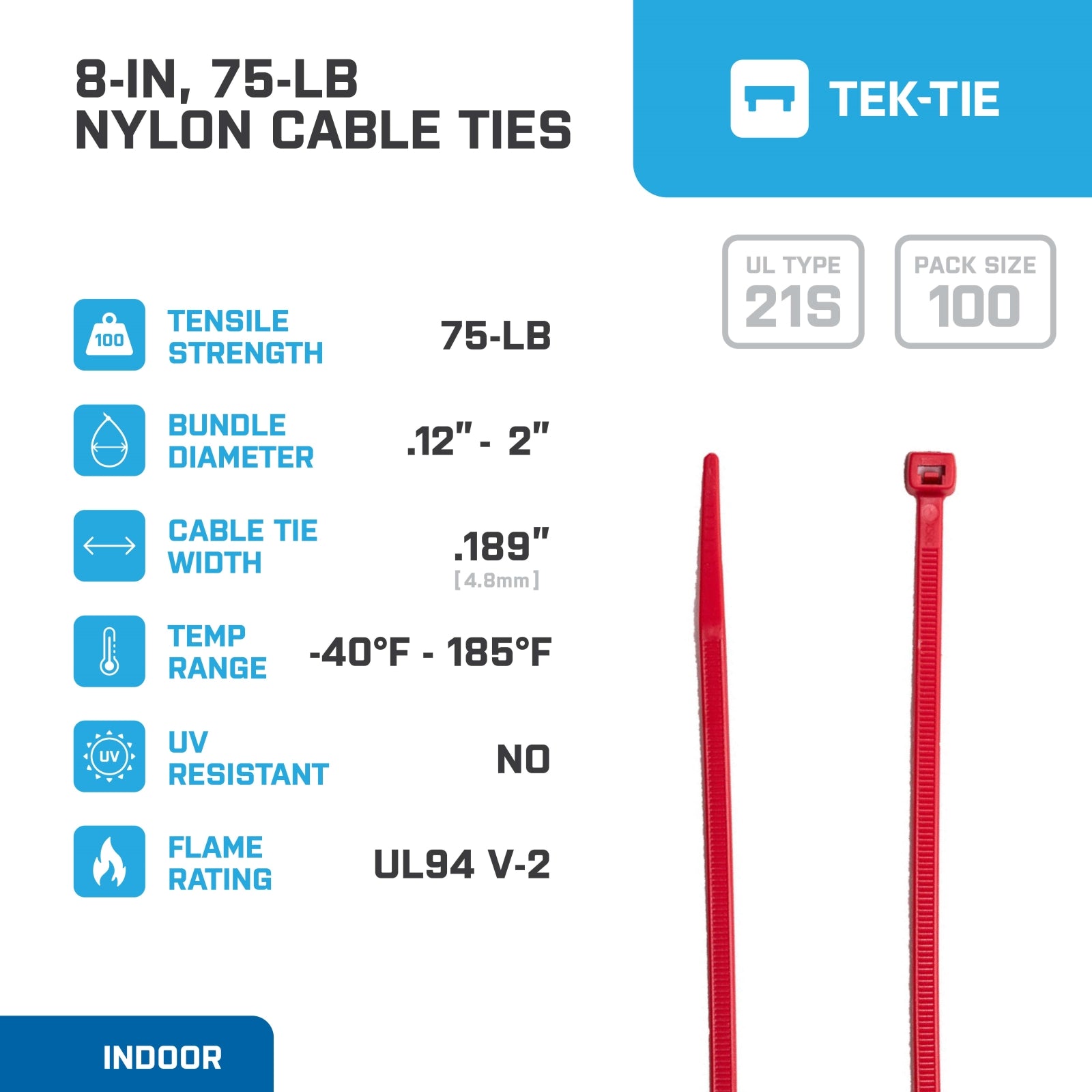 8-inch Red Multi-Purpose Cable Tie, 75-lb Tensile Strength, UL 21S Listed, 100-Pack