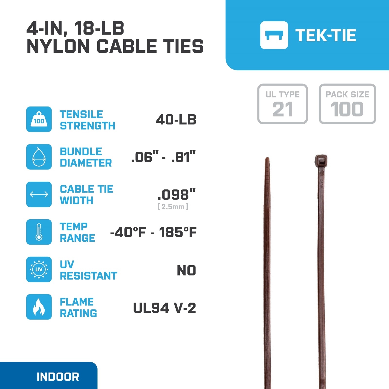 4-inch Dark Brown Multi-Purpose Cable Tie, 18-lb Tensile Strength, UL 21 Listed, 100-Pack