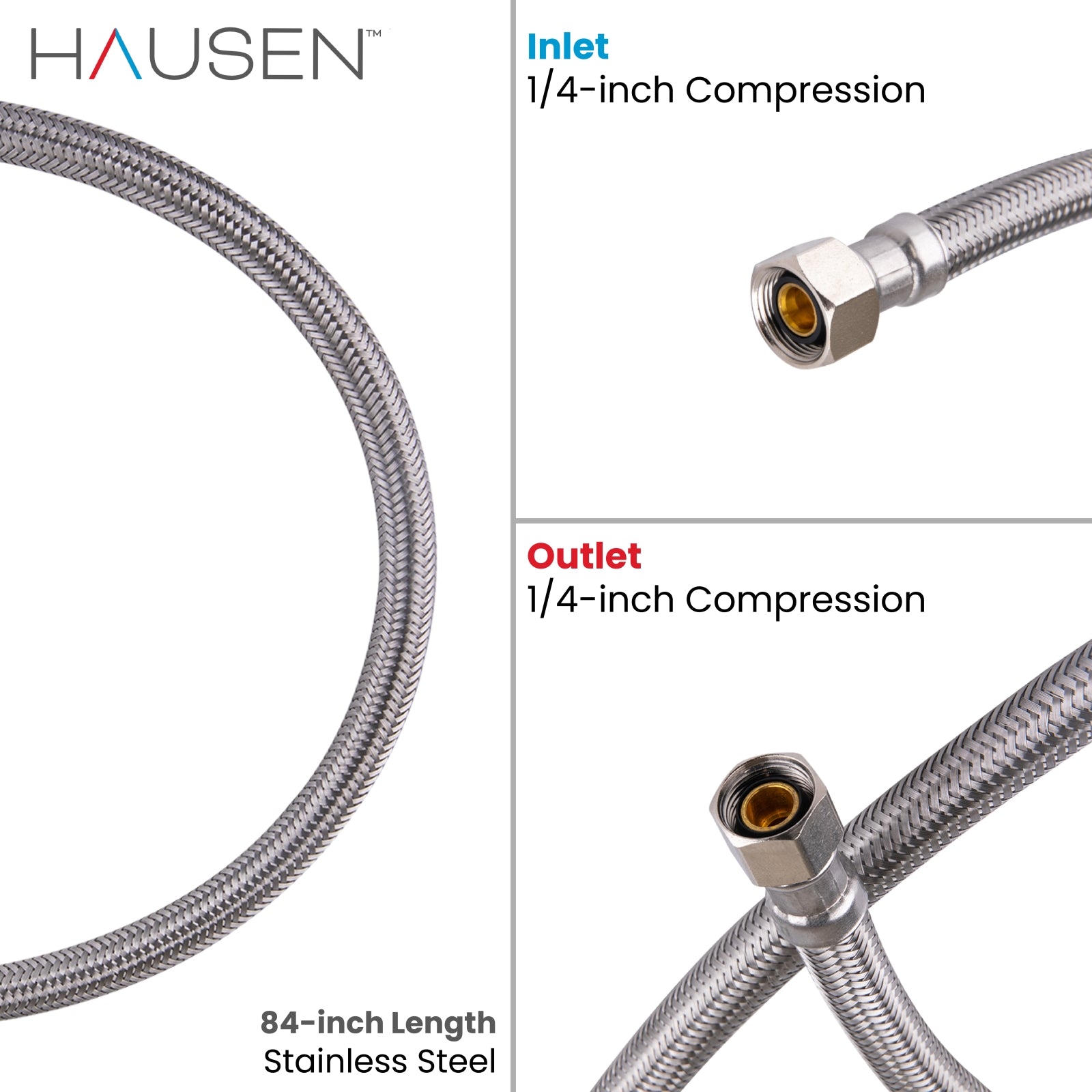 Hausen 1/4-inch Compression x 1/4-inch Compression x 84-inch (7-Feet) Length Stainless Steel Ice Maker Water Supply Connector; Compatible with Standard Refrigerators, 1-Pack