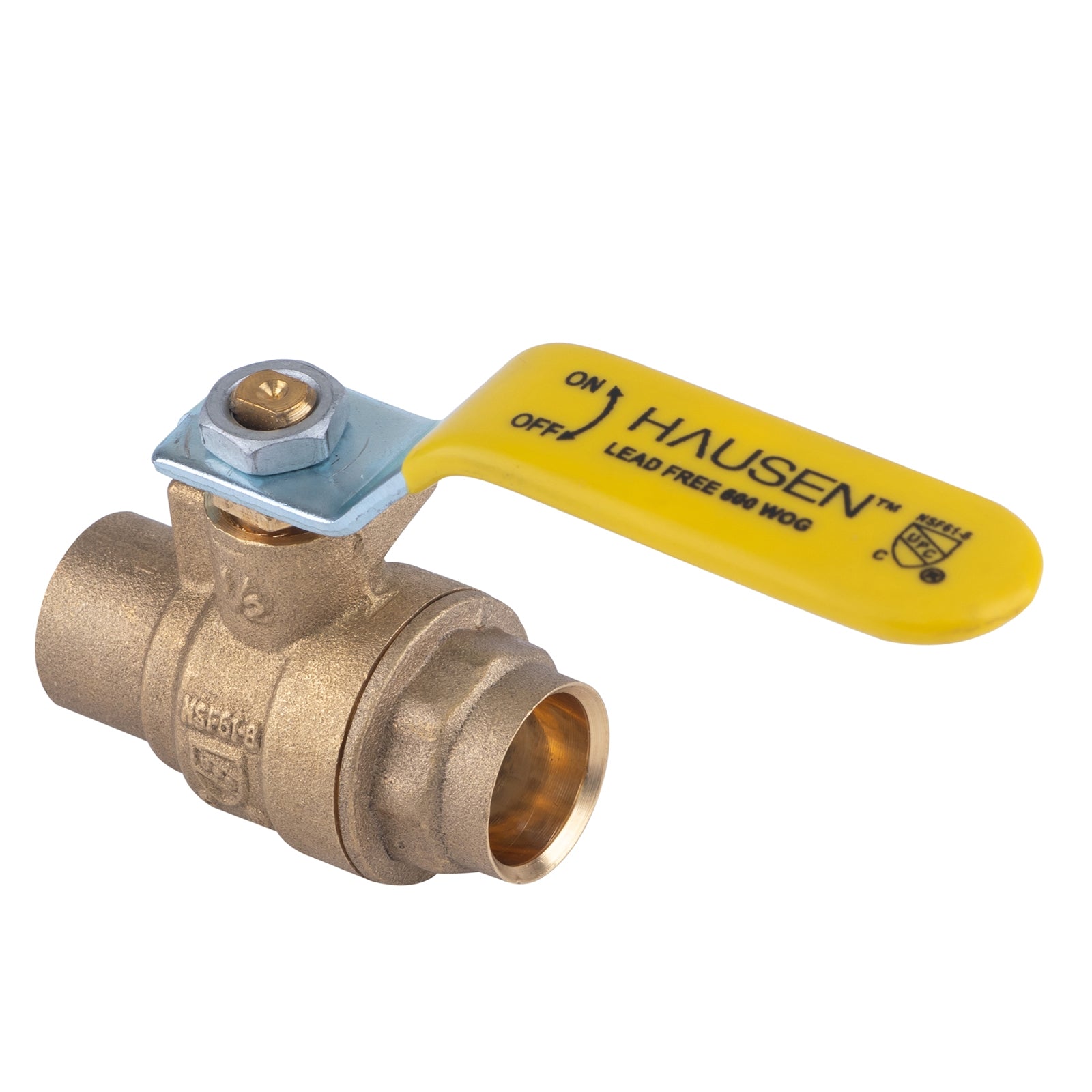 Hausen 1/2-inch Sweat x 1/2-inch Sweat Full Port Brass Ball Valve; Lead Free Forged Brass; Blowout Resistant Stem; cUPC/ANSI/NSF Certified; For Use in Potable Water Distribution Systems, 1-Pack