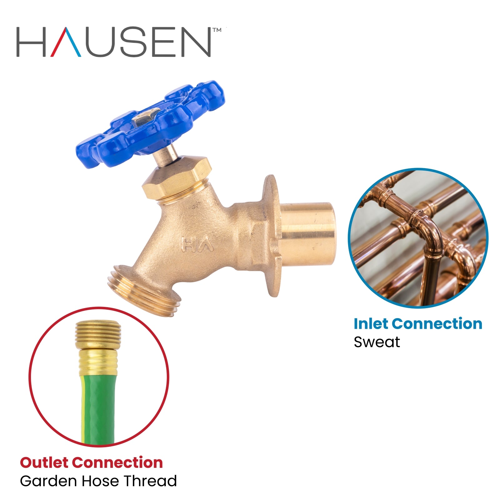 Hausen 1/2-inch or 3/4-inch Sweat x 3/4-inch MHT (Male Hose Thread) Brass Sillcock Valve with Handle Shutoff; cUPC Certified, Compatible with Standard Garden Hoses, 1-Pack