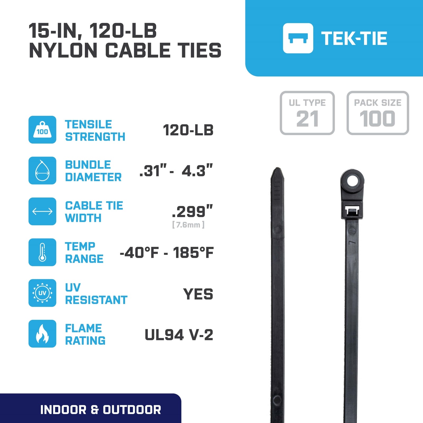 15-inch UV Resistant Black Screw Mount Cable Tie, 120-lb Tensile Strength, UL 21 Listed, 100-Pack