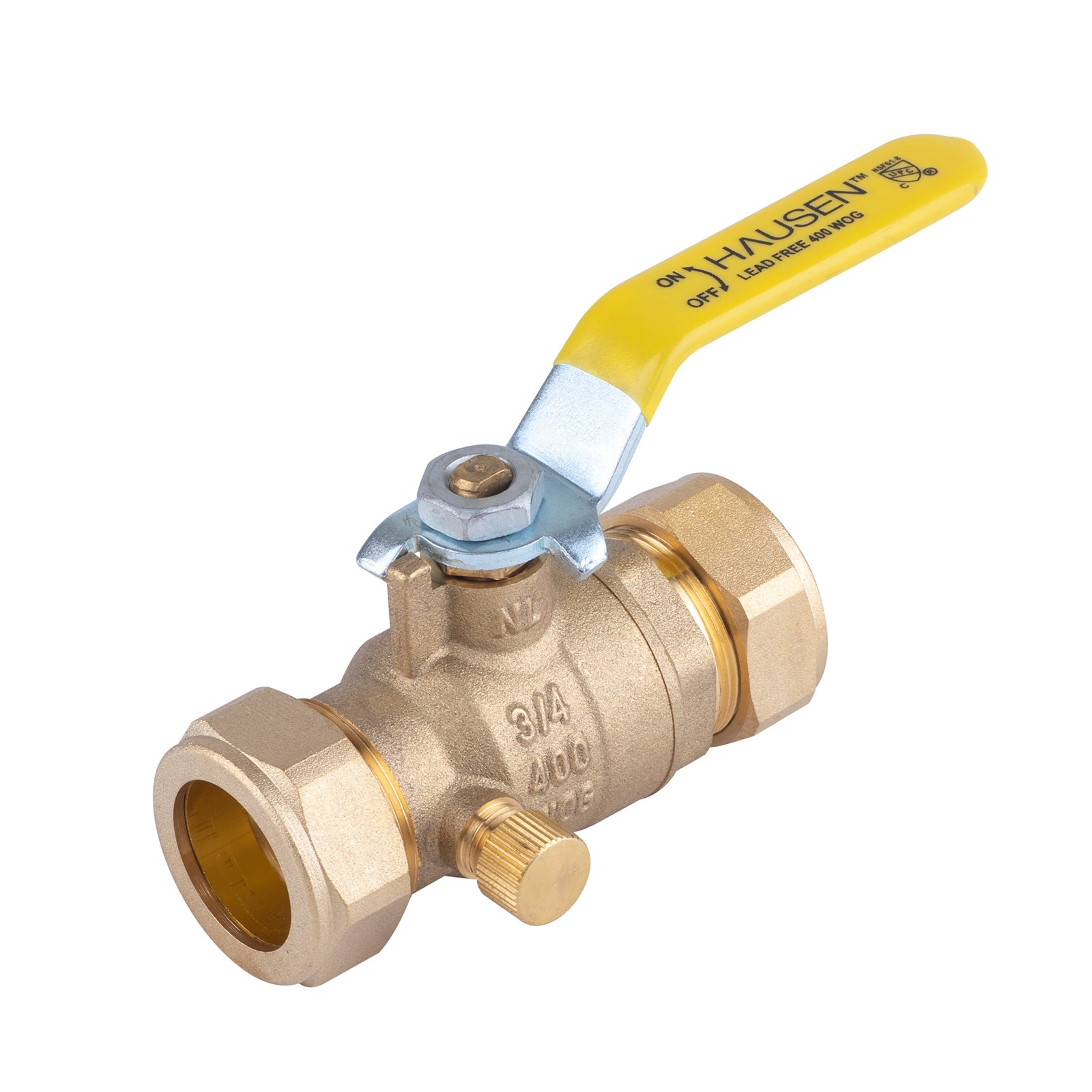 Hausen 3/4-inch Compression Standard Port Brass Ball Valve with Drain; Lead Free Forged Brass; Blowout Resistant Stem; For Use in Potable Water, Oil and Gas Distribution Systems, 1-Pack