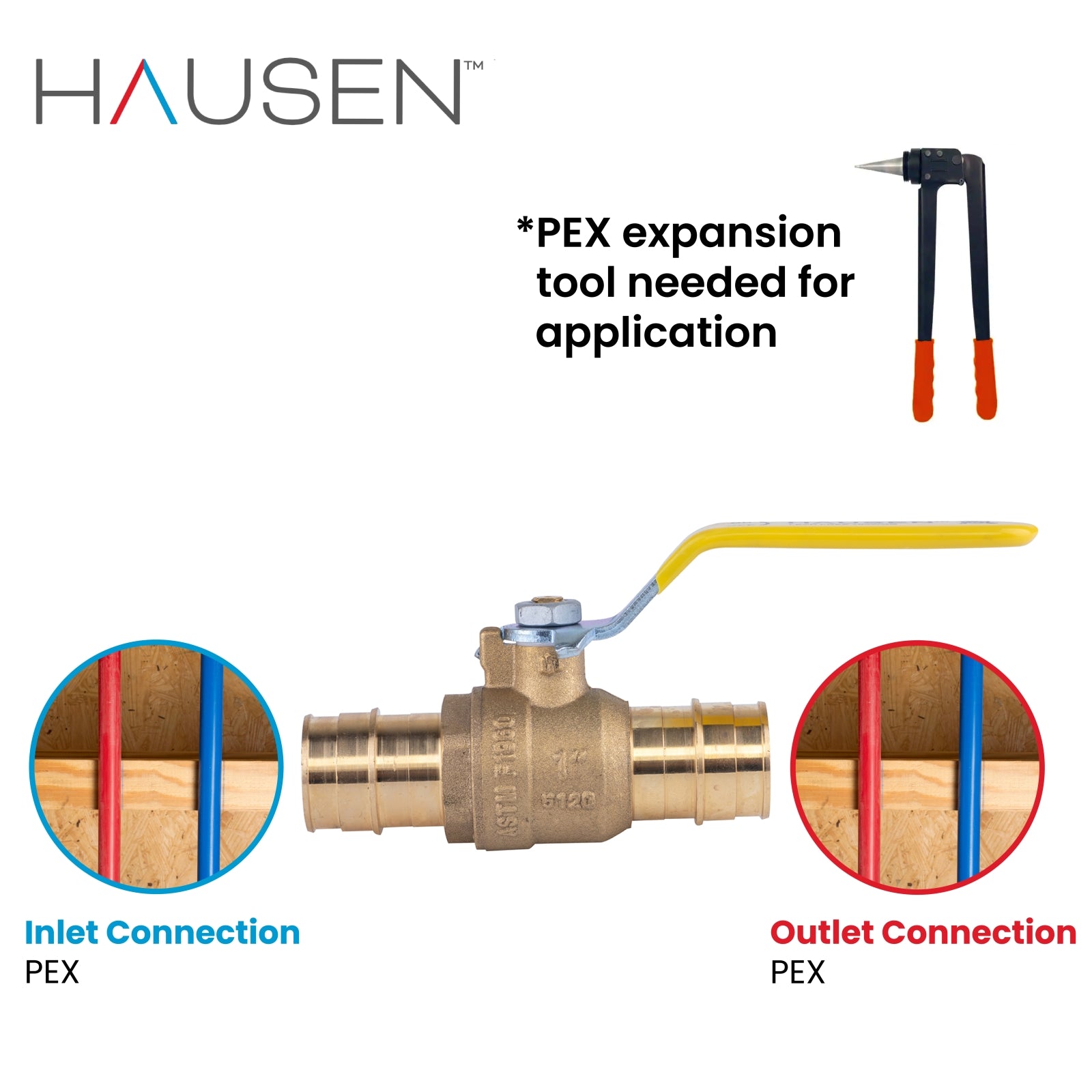 Hausen 1-inch PEX Standard Port Brass Ball Valve with PEX Expansion Connection; Lead Free Forged Brass; Blowout Resistant Stem; For Use in Potable Water, Oil and Gas Distribution Systems, 10-Pack