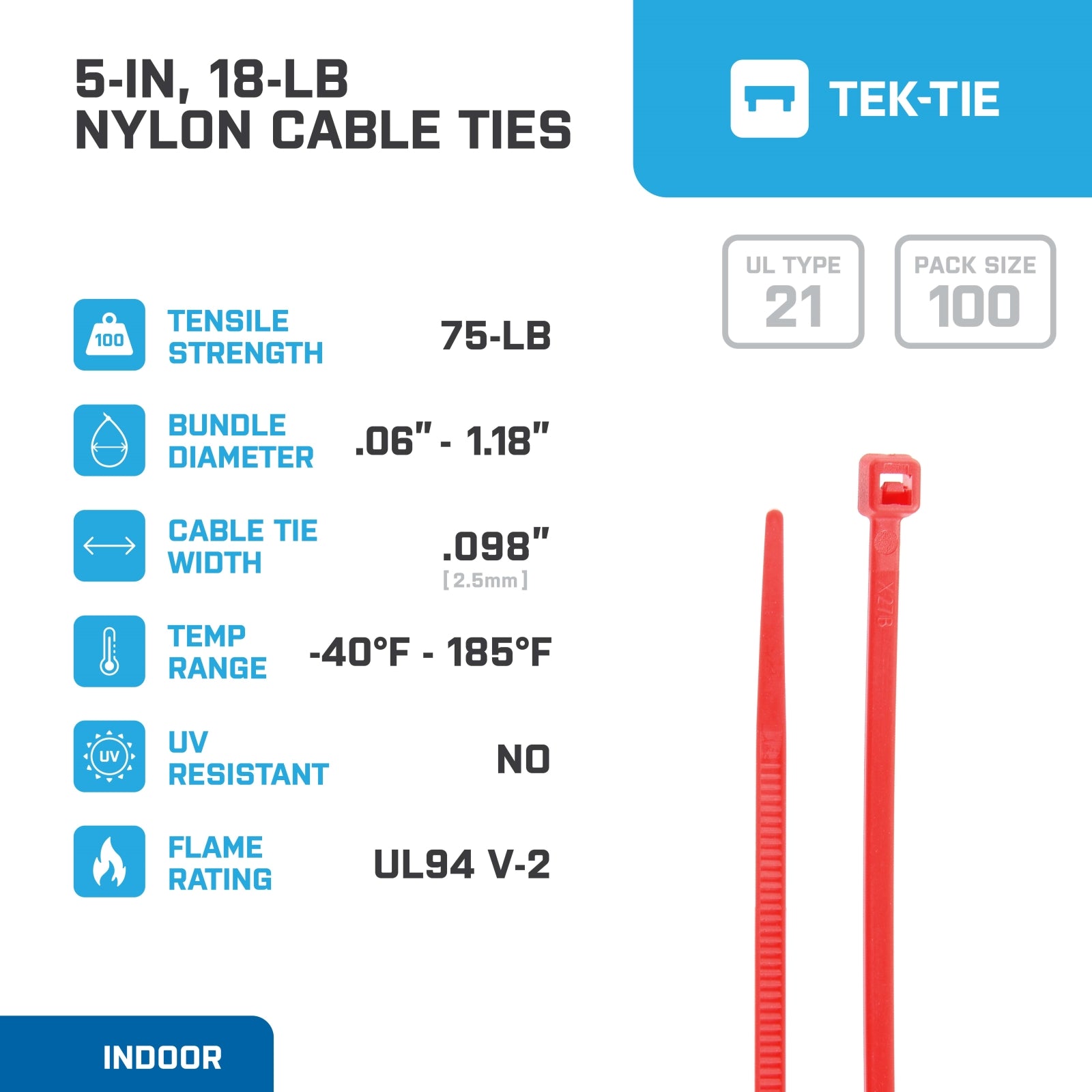 5-inch Red Multi-Purpose Cable Tie, 18-lb Tensile Strength, UL 21 Listed, 100-Pack