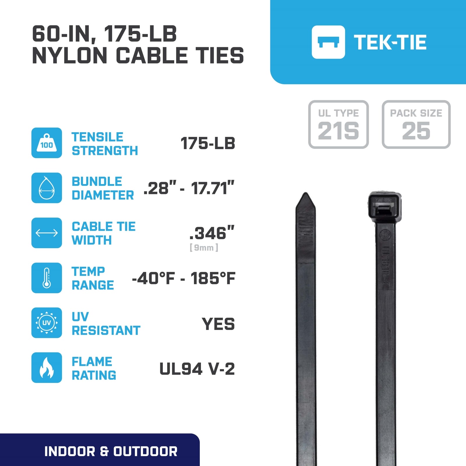 60-inch UV Resistant Black Multi-Purpose Cable Tie, 175-lb Tensile Strength, UL 21S Listed, 25-Pack