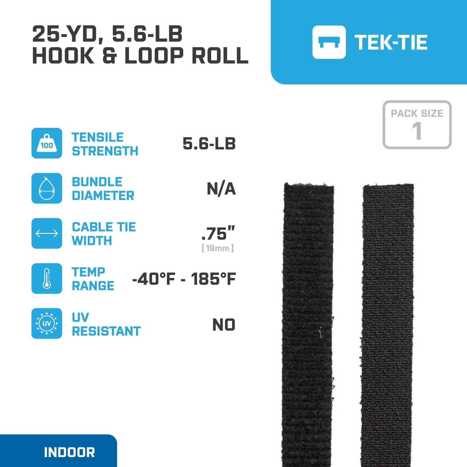 3/4-inch Black Hook and Loop, 5.6-lb Tensile Strength, 25 Yards