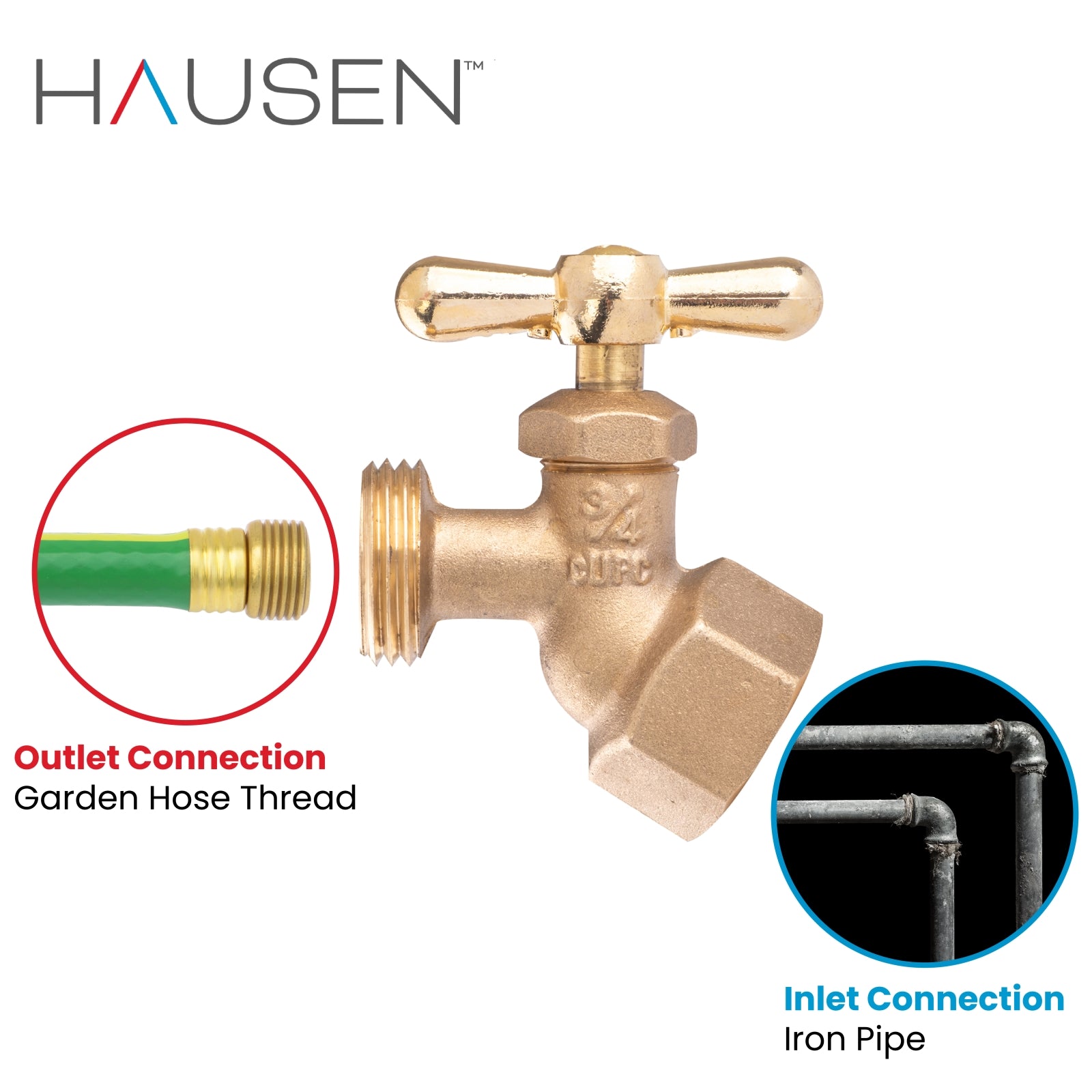 Hausen 3/4-inch FIP (Female Iron Pipe) x 3/4-inch MHT (Male Hose Thread) Brass No-Kink Angled Hose Bibb Valve with Tee Handle Shutoff; cUPC Certified, Compatible with Standard Garden Hoses, 1-pack