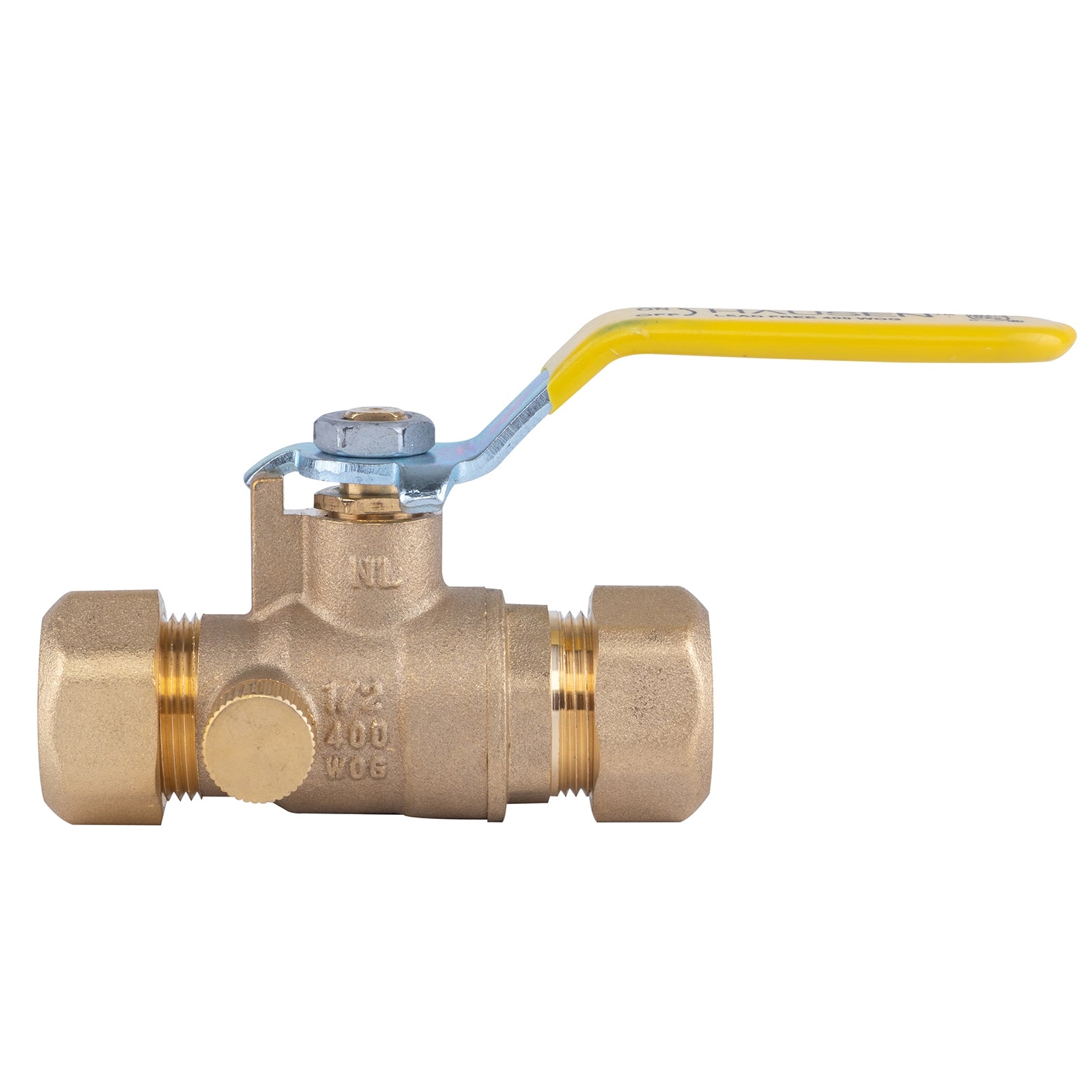 Hausen 1/2-inch Compression Standard Port Brass Ball Valve with Drain; Lead Free Forged Brass; Blowout Resistant Stem; For Use in Potable Water, Oil and Gas Distribution Systems, 1-Pack