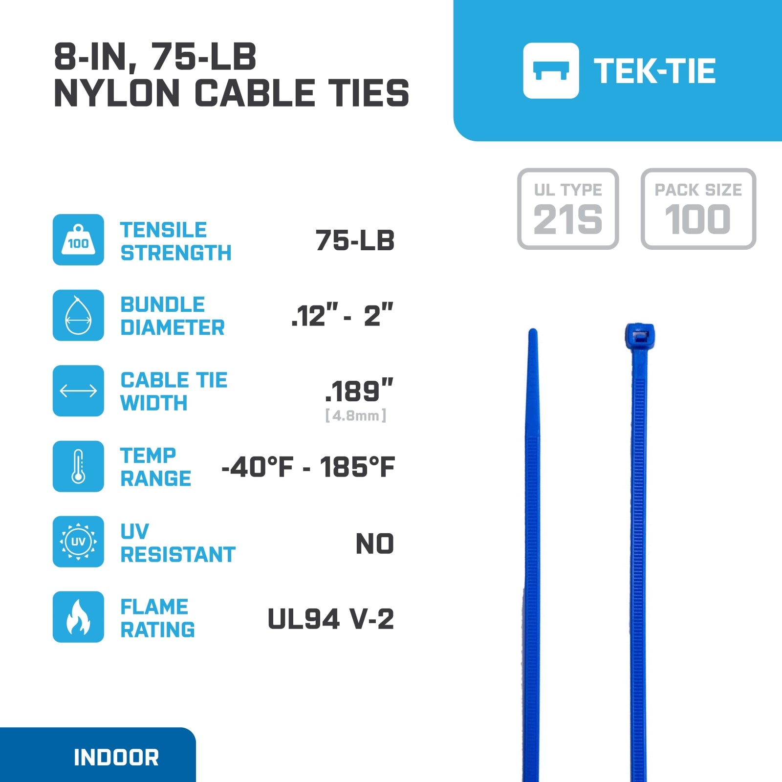 8-inch Blue Multi-Purpose Cable Tie, 75-lb Tensile Strength, UL 21S Listed, 100-Pack